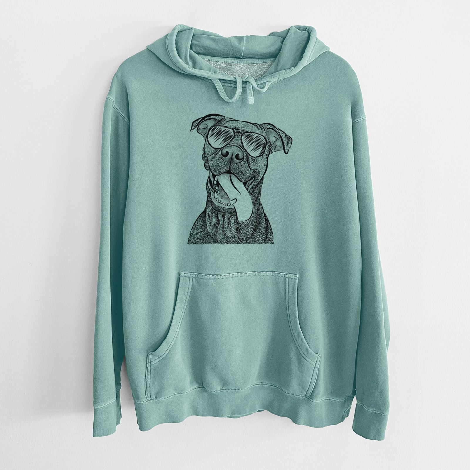Hand-drawn sketch of Mikey the Boxador wearing aviator sunglasses on a Mint Unisex pigment dyed hoodie