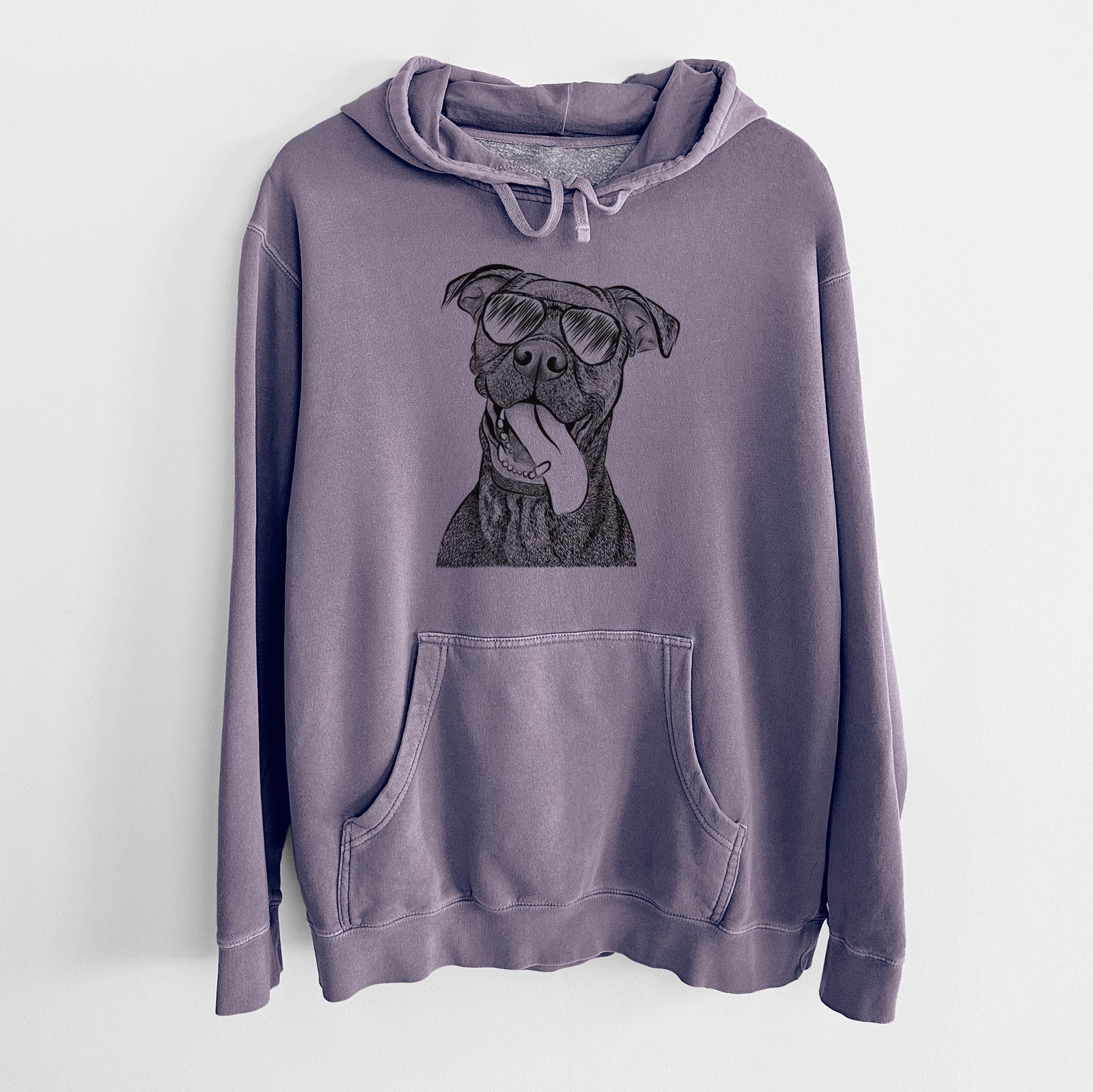 Hand-drawn sketch of Mikey the Boxador wearing aviator sunglasses on a Plum Unisex pigment dyed hoodie