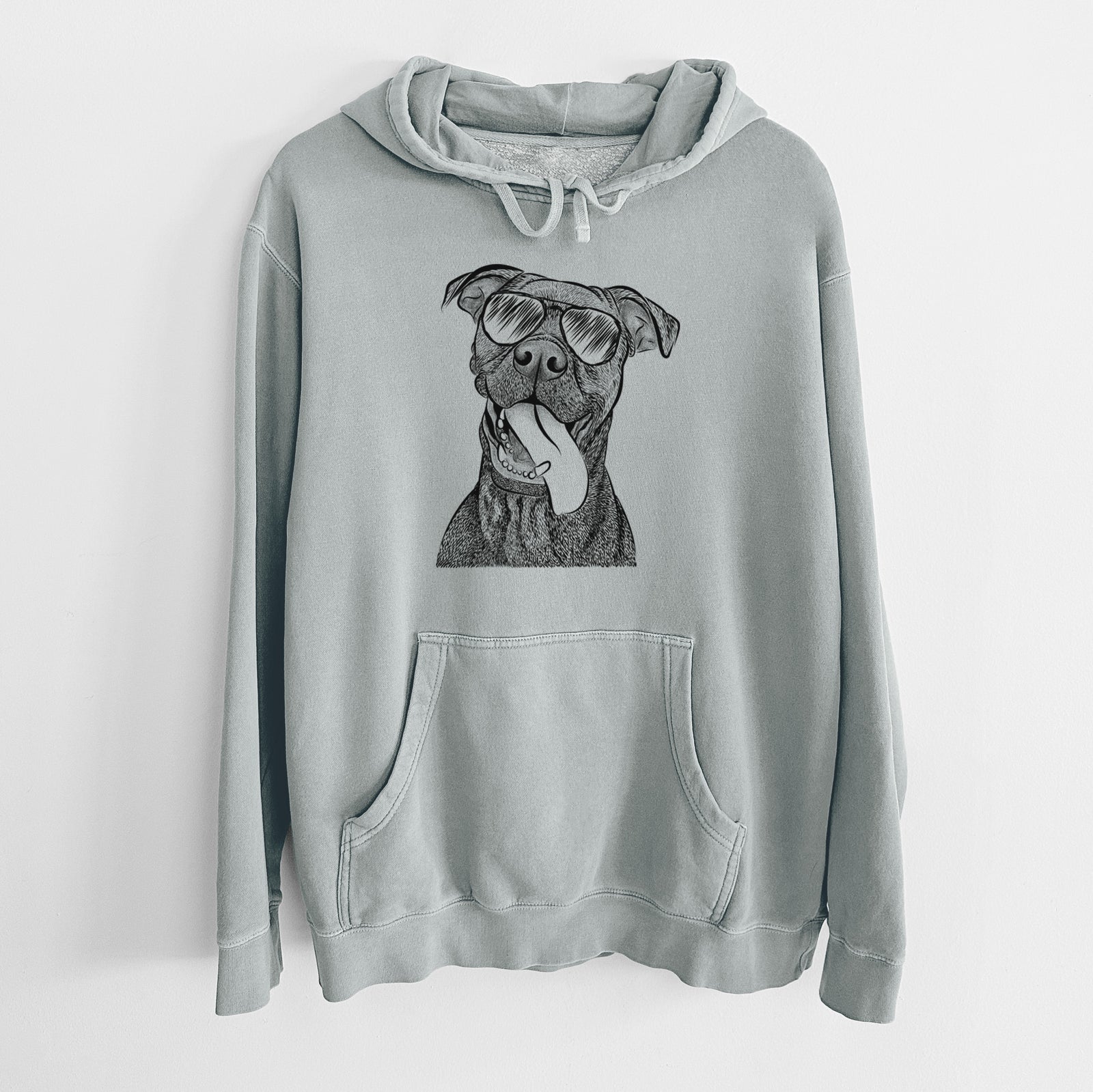 Hand-drawn sketch of Mikey the Boxador wearing aviator sunglasses on a Sage Unisex pigment dyed hoodie
