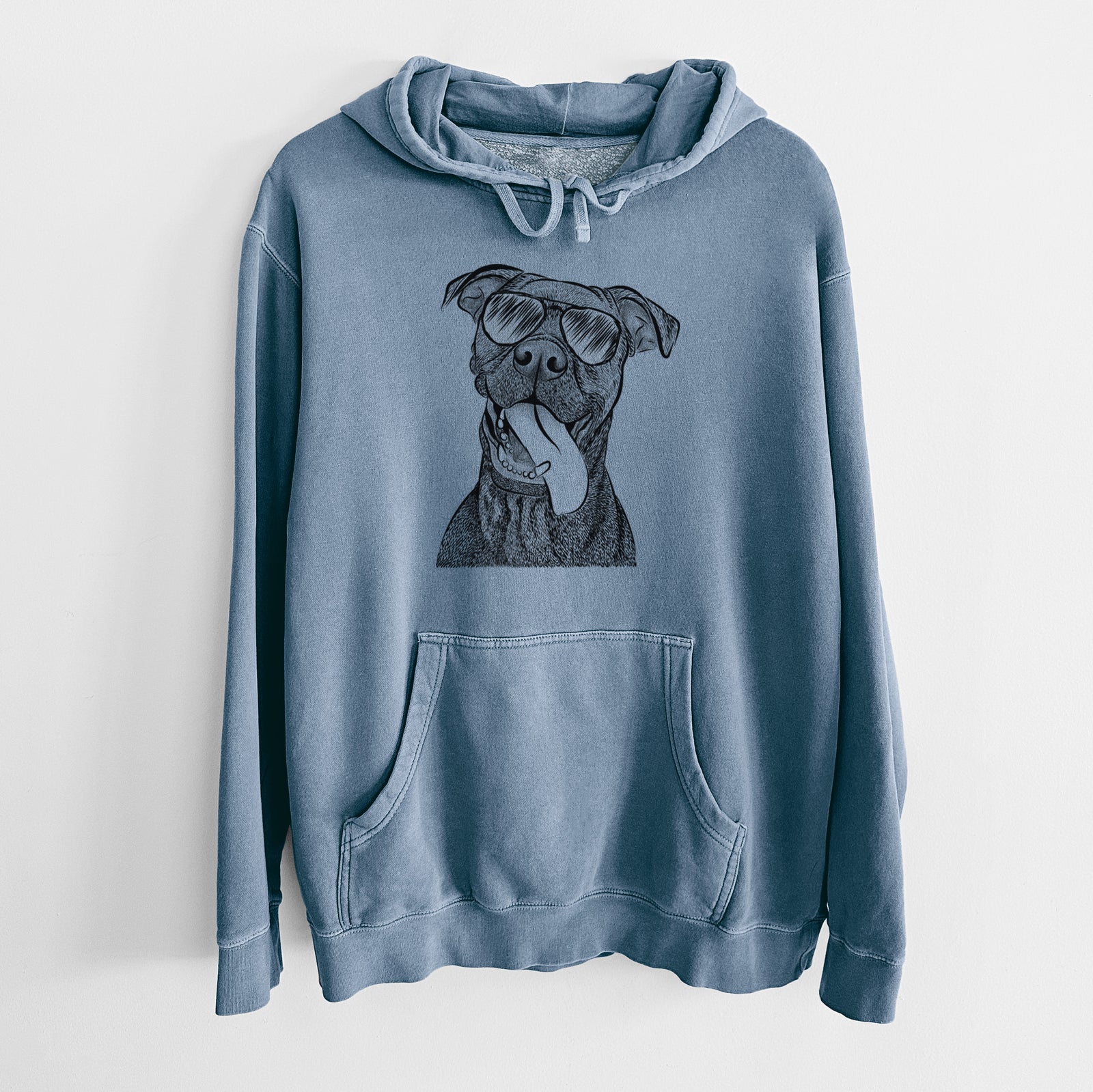 Hand-drawn sketch of Mikey the Boxador wearing aviator sunglasses on a Slate Blue Unisex pigment dyed hoodie