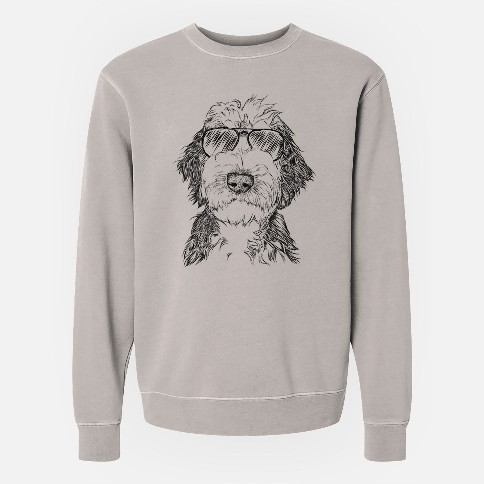 Hand-drawn sketch of Milo Fluff the Sheepadoodle wearing aviator sunglasses on a Cement Unisex pigment dyed crew sweatshirt