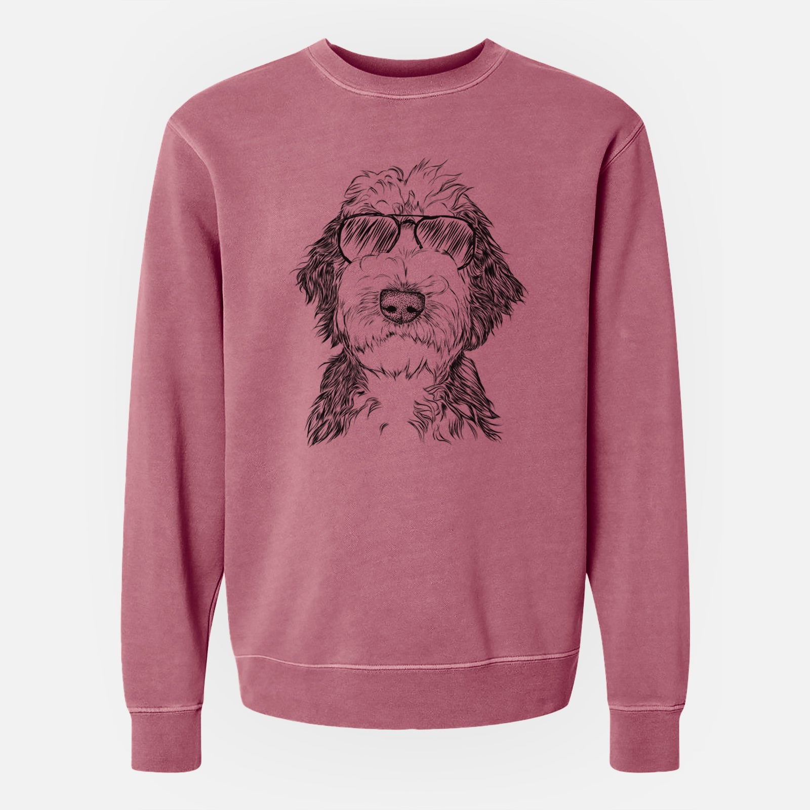 Hand-drawn sketch of Milo Fluff the Sheepadoodle wearing aviator sunglasses on a Maroon Unisex pigment dyed crew sweatshirt