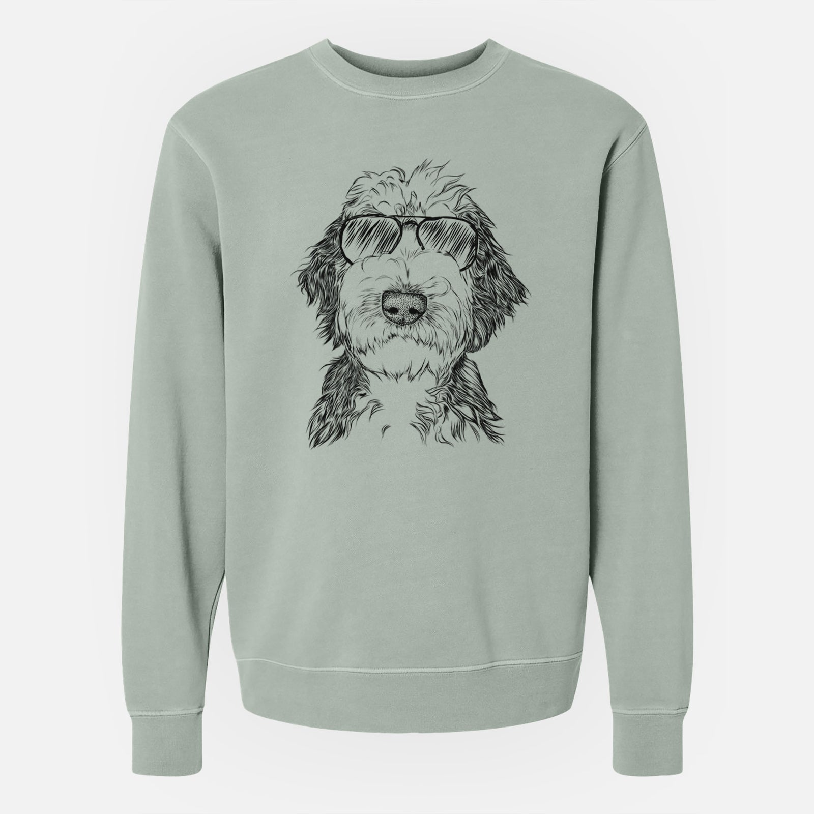 Hand-drawn sketch of Milo Fluff the Sheepadoodle wearing aviator sunglasses on a Sage Unisex pigment dyed crew sweatshirt