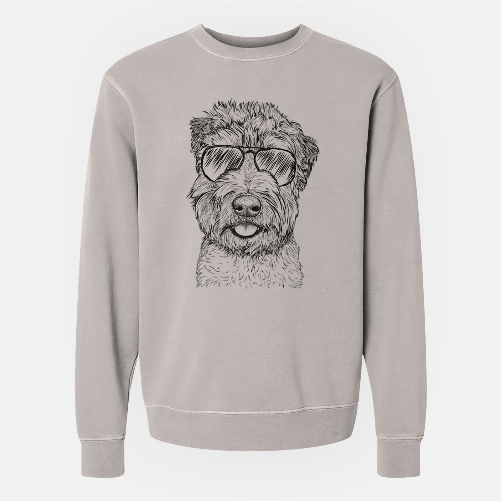 Hand-drawn sketch of Milton the Soft Coated Wheaten Terrier wearing aviator sunglasses on a Cement Unisex pigment dyed crew sweatshirt