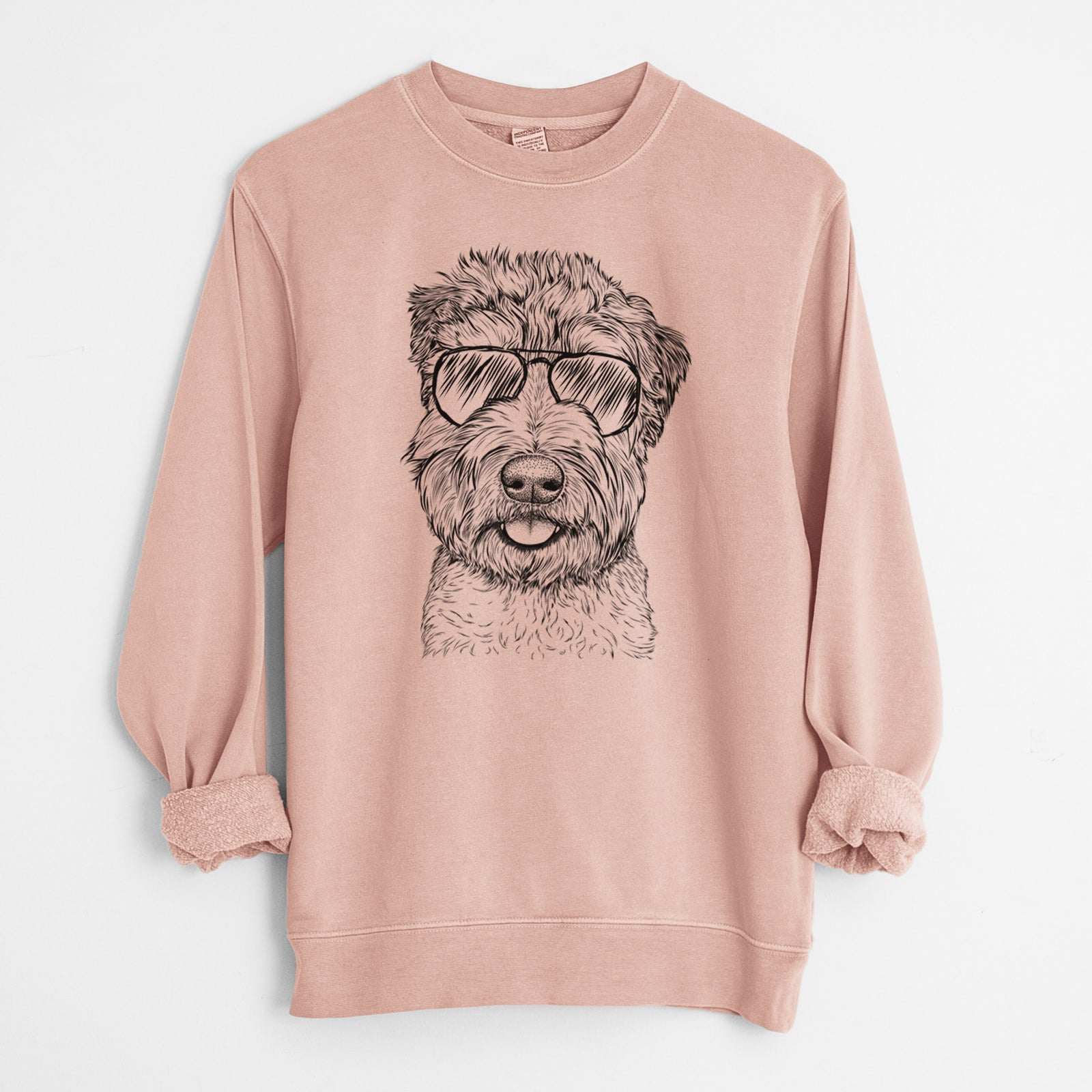 Hand-drawn sketch of Milton the Soft Coated Wheaten Terrier wearing aviator sunglasses on a Dusty Pink Unisex pigment dyed crew sweatshirt