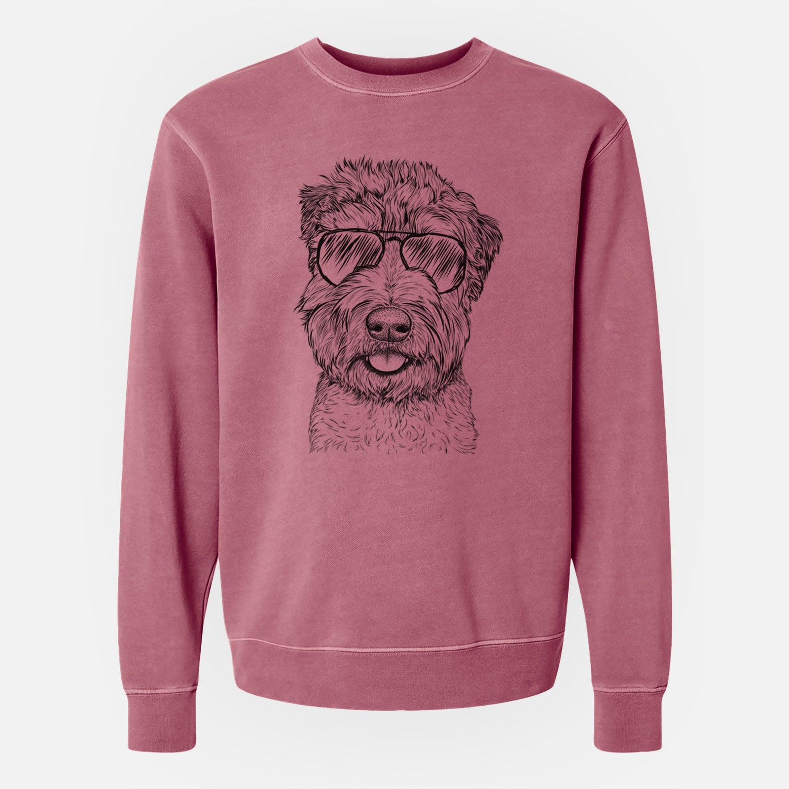 Hand-drawn sketch of Milton the Soft Coated Wheaten Terrier wearing aviator sunglasses on a Maroon Unisex pigment dyed crew sweatshirt