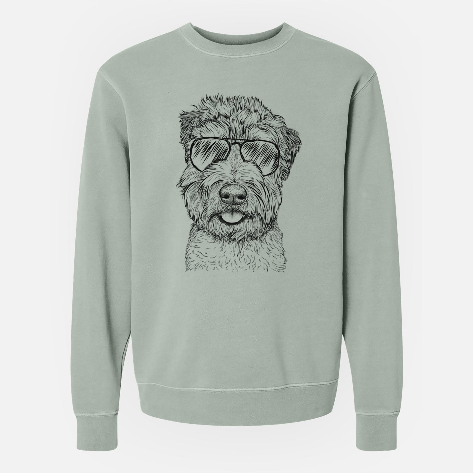 Hand-drawn sketch of Milton the Soft Coated Wheaten Terrier wearing aviator sunglasses on a Sage Unisex pigment dyed crew sweatshirt