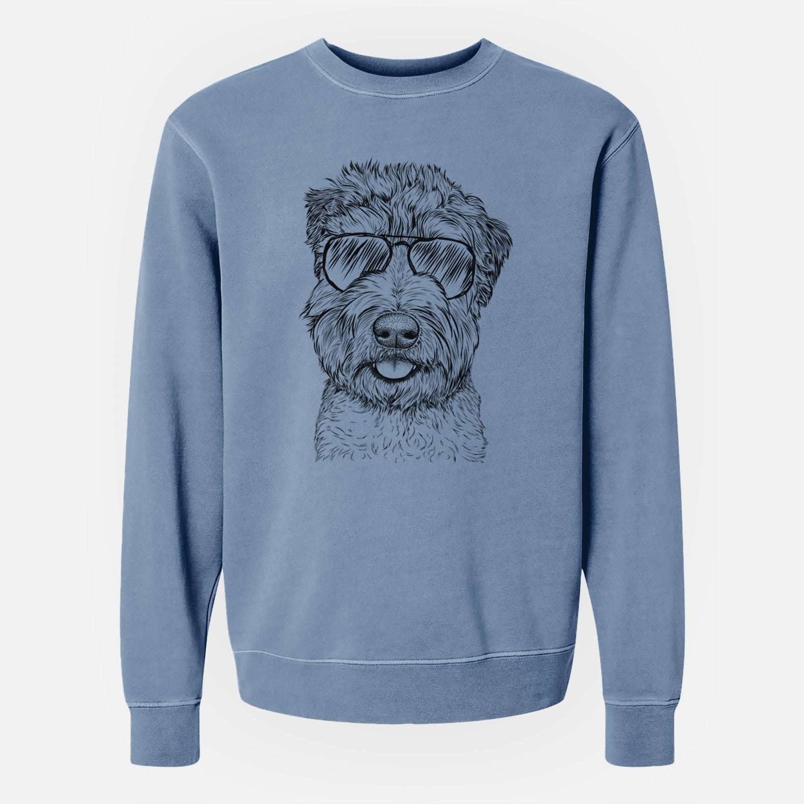 Hand-drawn sketch of Milton the Soft Coated Wheaten Terrier wearing aviator sunglasses on a Slate Blue Unisex pigment dyed crew sweatshirt