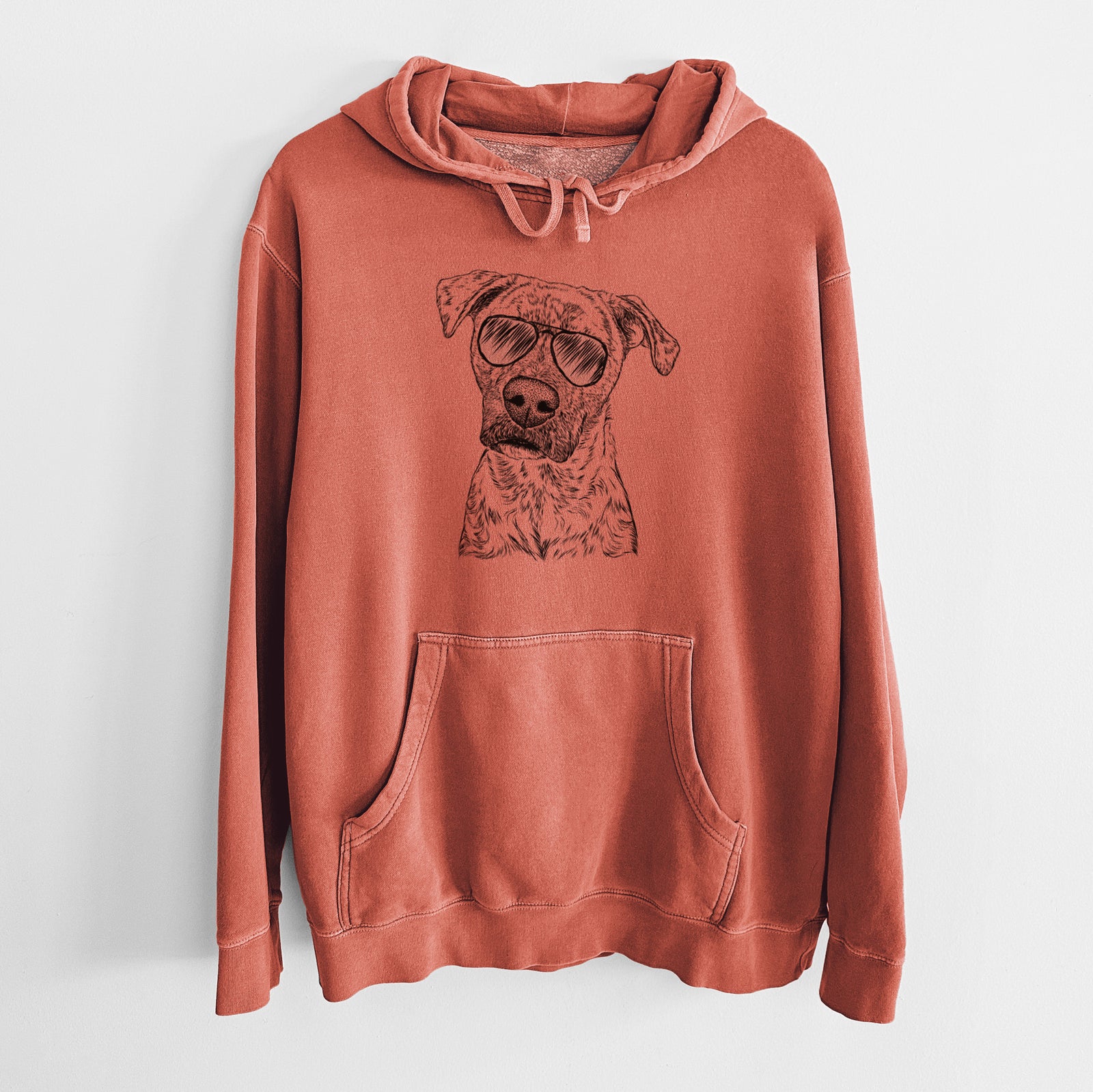 Hand-drawn sketch of Monster Baby the Pitbull Mix wearing aviator sunglasses on an Amber Unisex pigment dyed hoodie