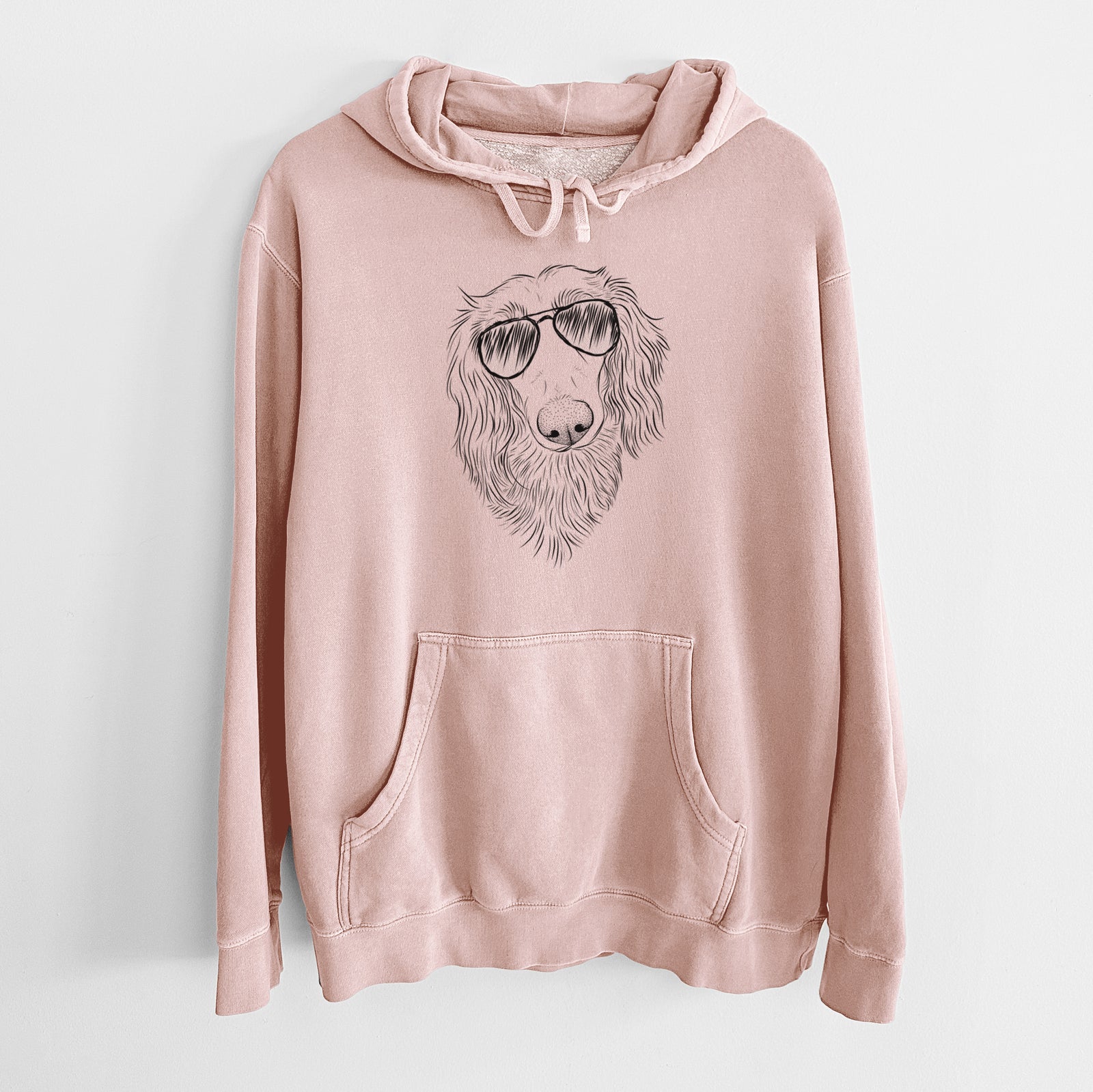 Hand-drawn sketch of Mr. Rusty the Long Haired Dachshund wearing aviator sunglasses on a Dusty Pink Unisex pigment dyed hoodie