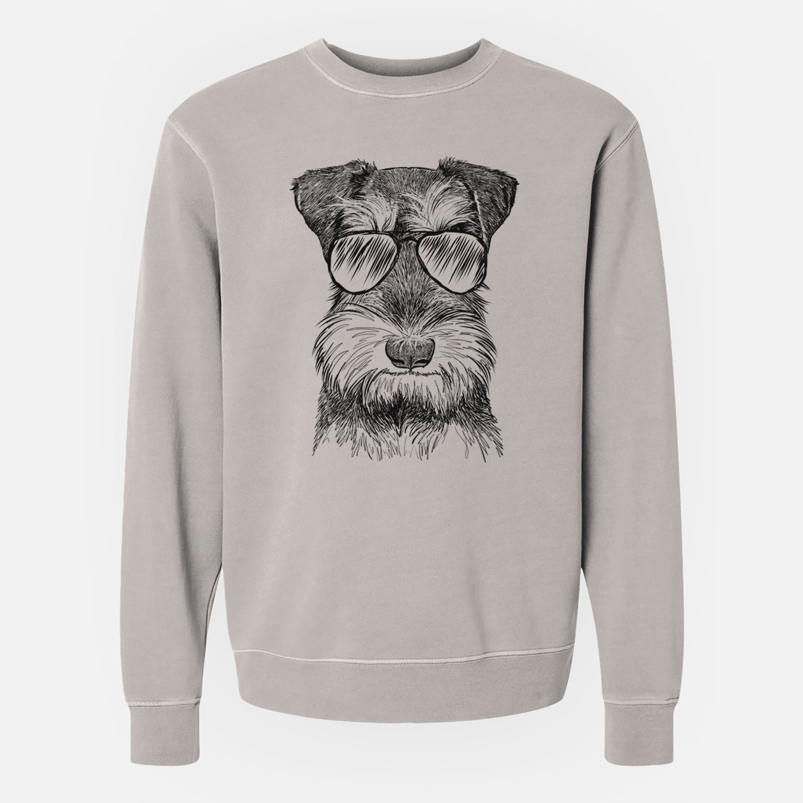 Hand-drawn sketch of Murphy the Mini Schnauzer wearing aviator sunglasses on a Cement Unisex pigment dyed crew sweatshirt