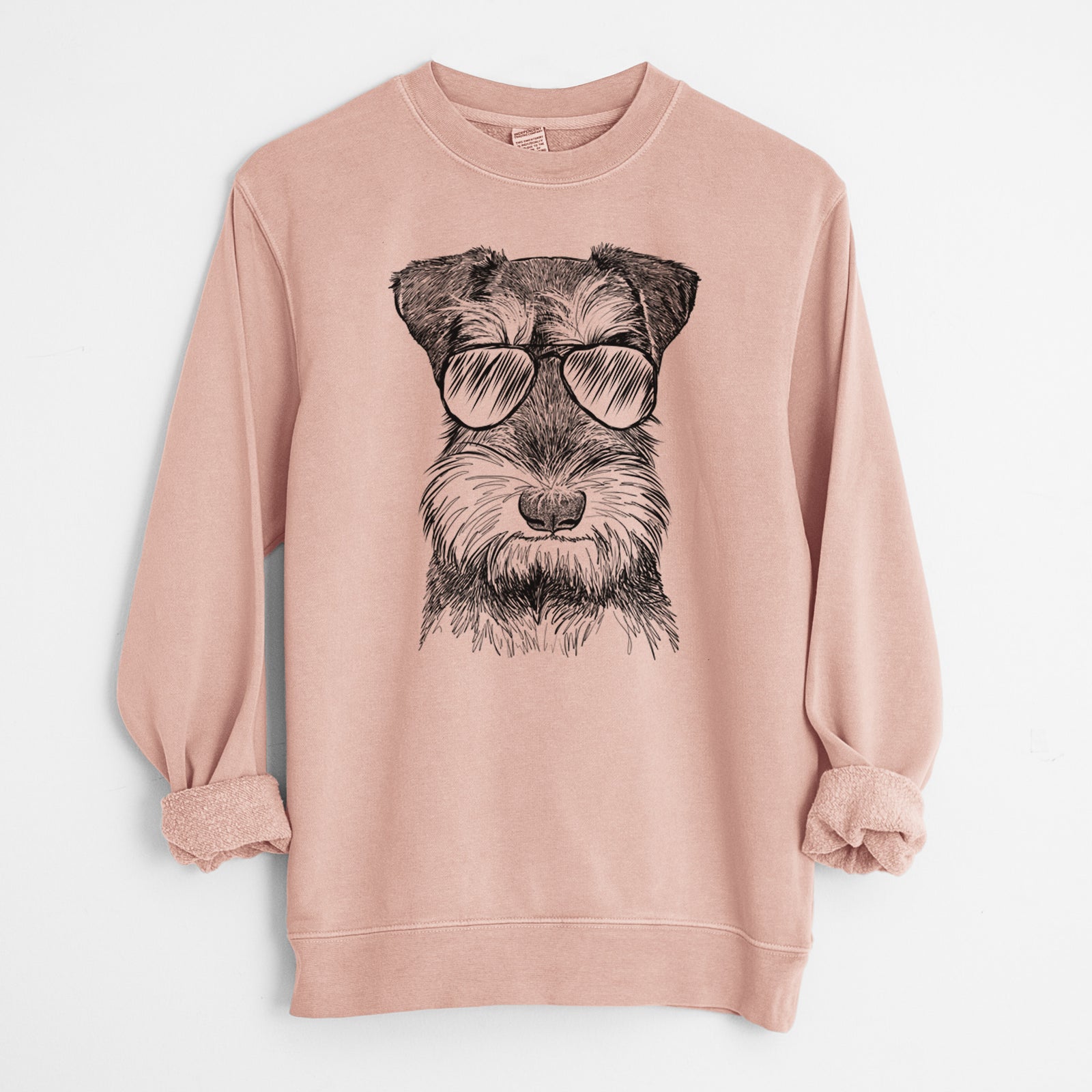 Hand-drawn sketch of Murphy the Mini Schnauzer wearing aviator sunglasses on a Dusty Pink Unisex pigment dyed crew sweatshirt