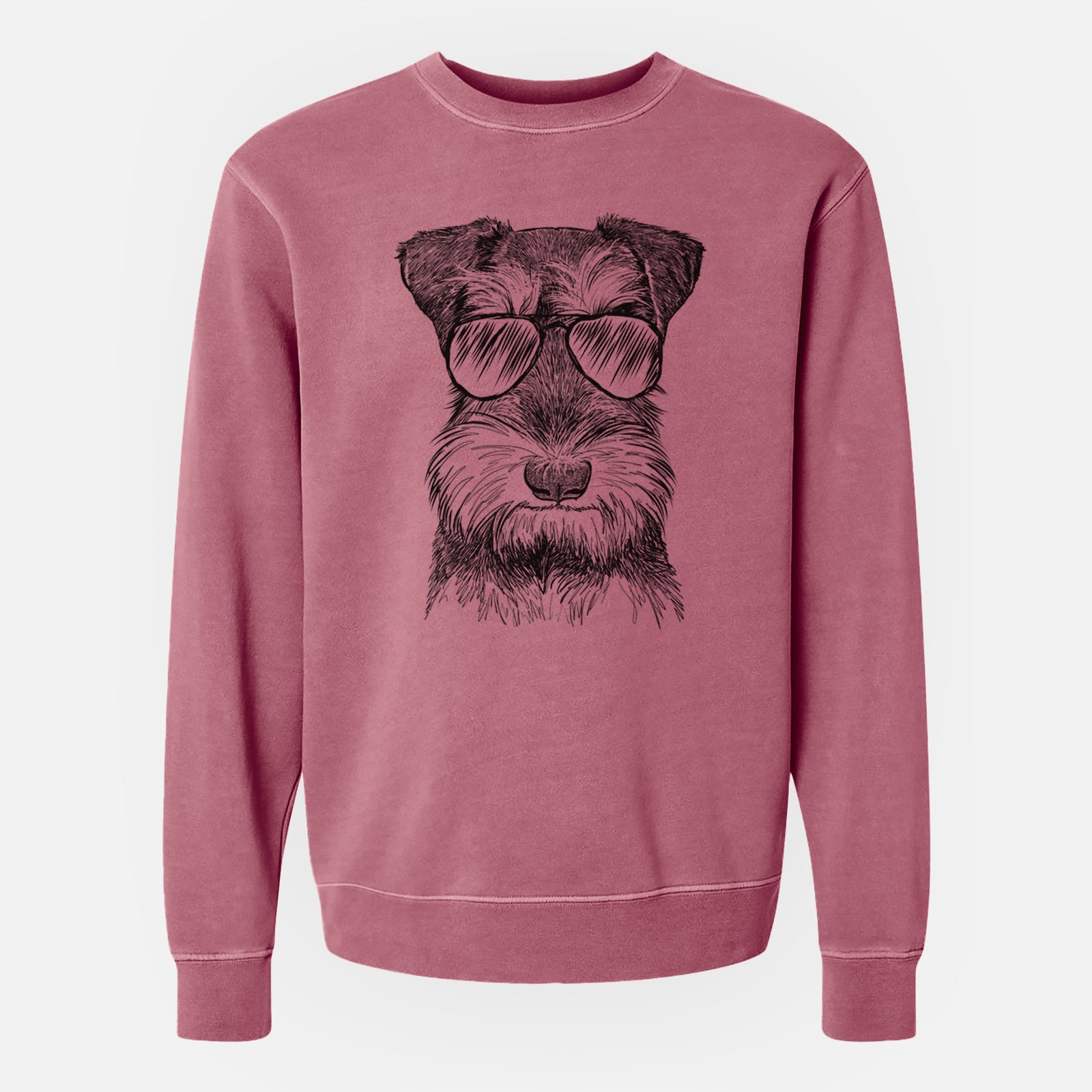 Hand-drawn sketch of Murphy the Mini Schnauzer wearing aviator sunglasses on a Maroon Unisex pigment dyed crew sweatshirt