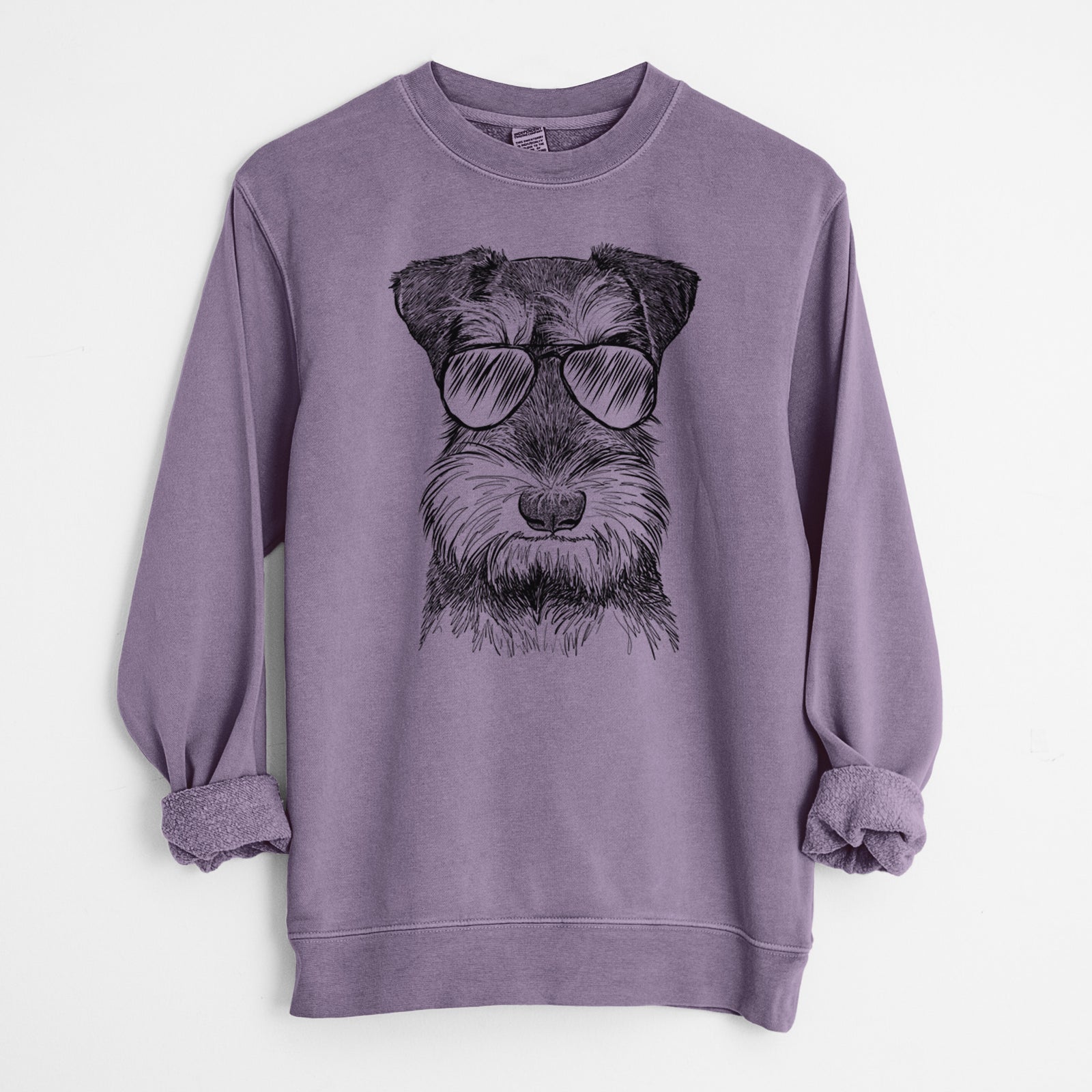Hand-drawn sketch of Murphy the Mini Schnauzer wearing aviator sunglasses on a Plum Unisex pigment dyed crew sweatshirt