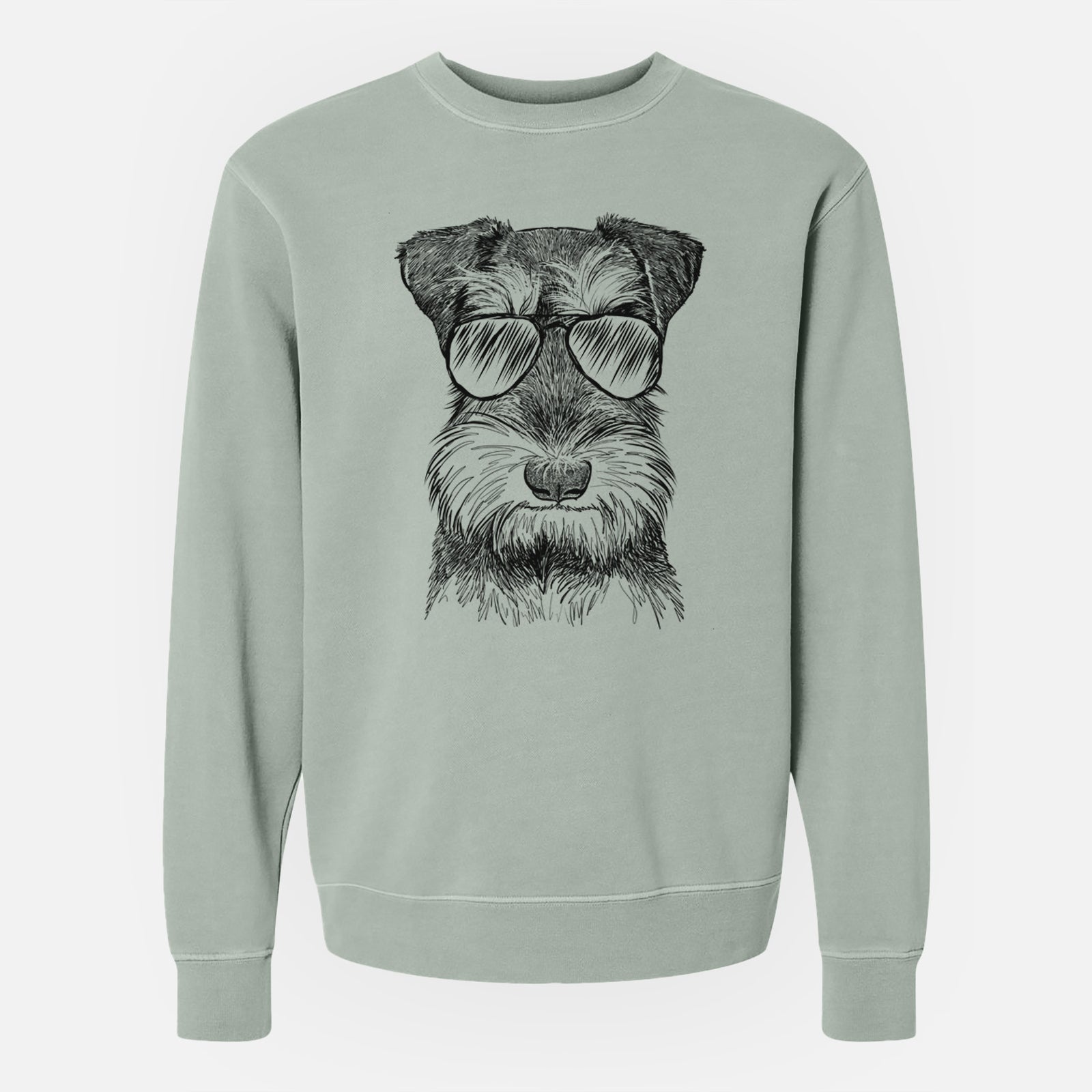 Hand-drawn sketch of Murphy the Mini Schnauzer wearing aviator sunglasses on a Sage Unisex pigment dyed crew sweatshirt
