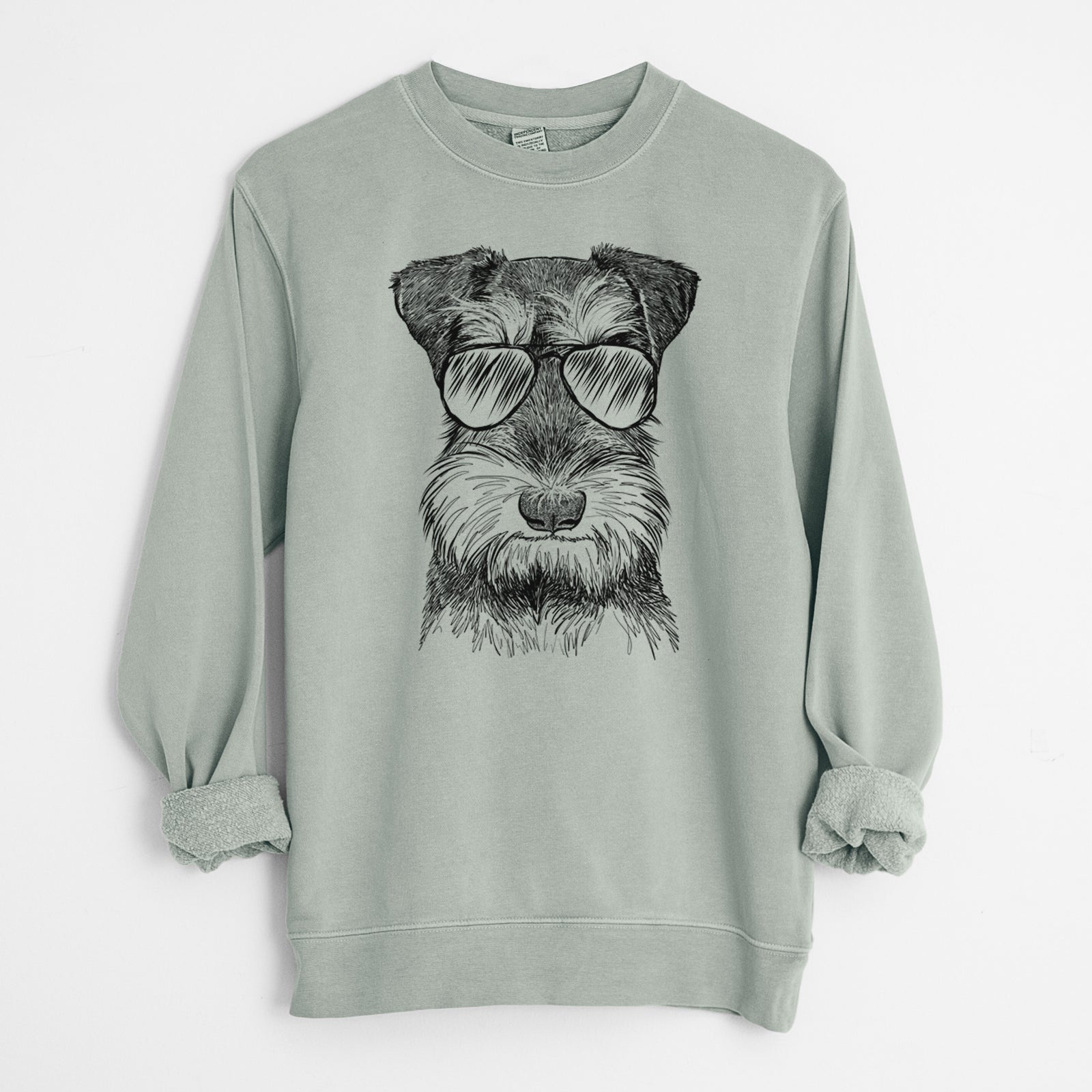 Hand-drawn sketch of Murphy the Mini Schnauzer wearing aviator sunglasses on a Sage Unisex pigment dyed crew sweatshirt