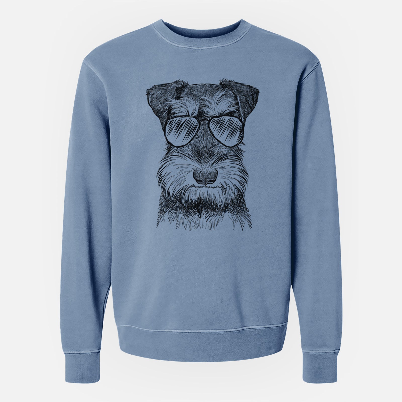 Hand-drawn sketch of Murphy the Mini Schnauzer wearing aviator sunglasses on a Slate Blue Unisex pigment dyed crew sweatshirt