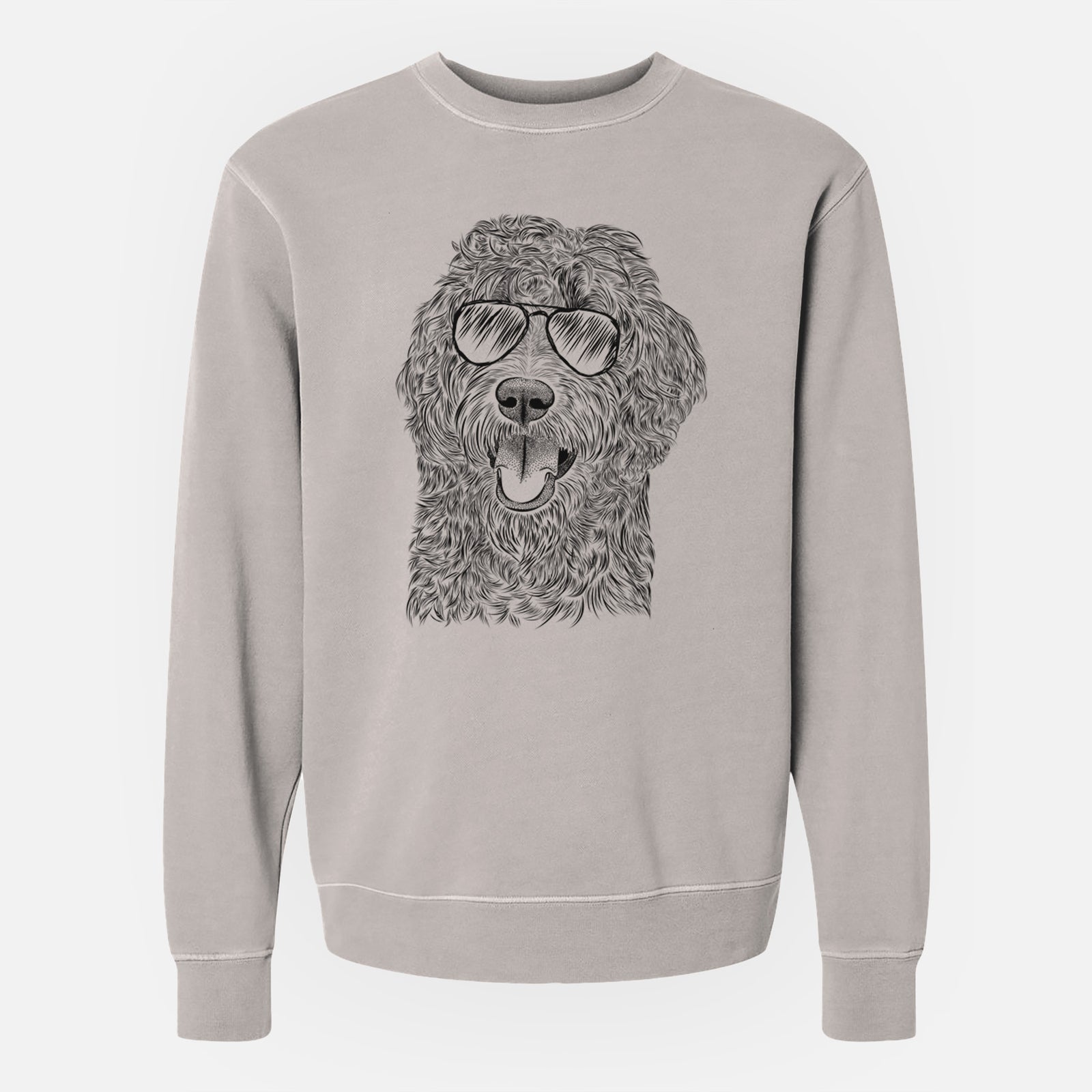 Hand-drawn sketch of Murr Dog the Labradoodle wearing aviator sunglasses on a Cement Unisex pigment dyed crew sweatshirt