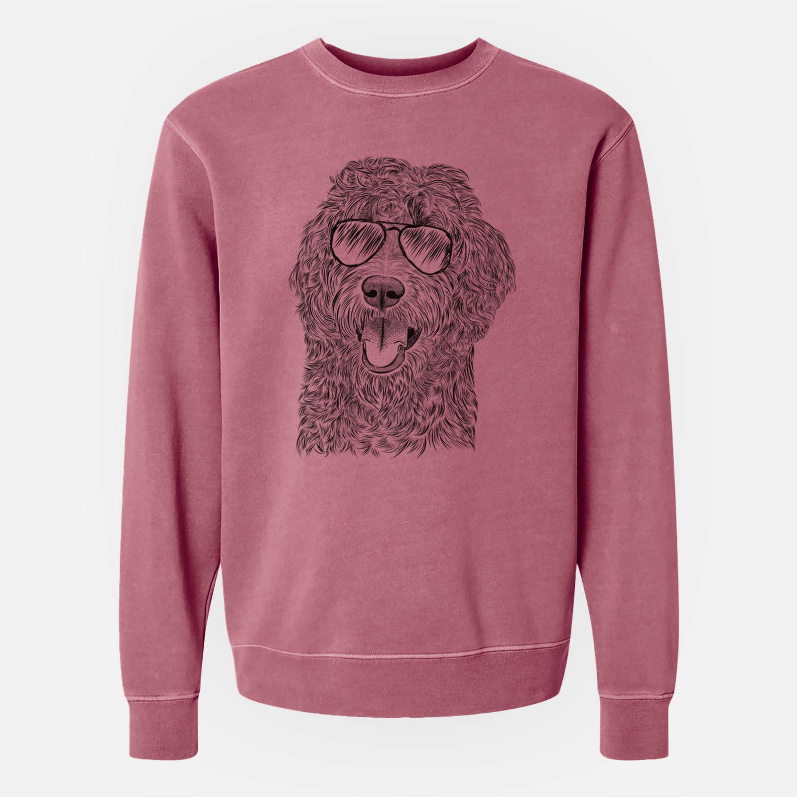 Hand-drawn sketch of Murr Dog the Labradoodle wearing aviator sunglasses on a Maroon Unisex pigment dyed crew sweatshirt