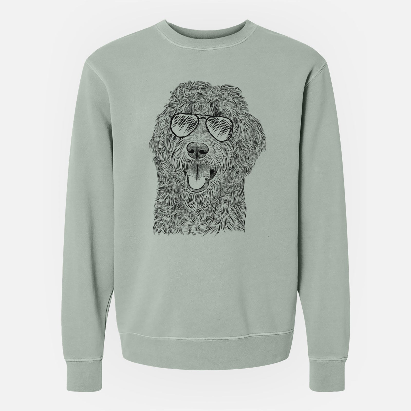 Hand-drawn sketch of Murr Dog the Labradoodle wearing aviator sunglasses on a Sage Unisex pigment dyed crew sweatshirt