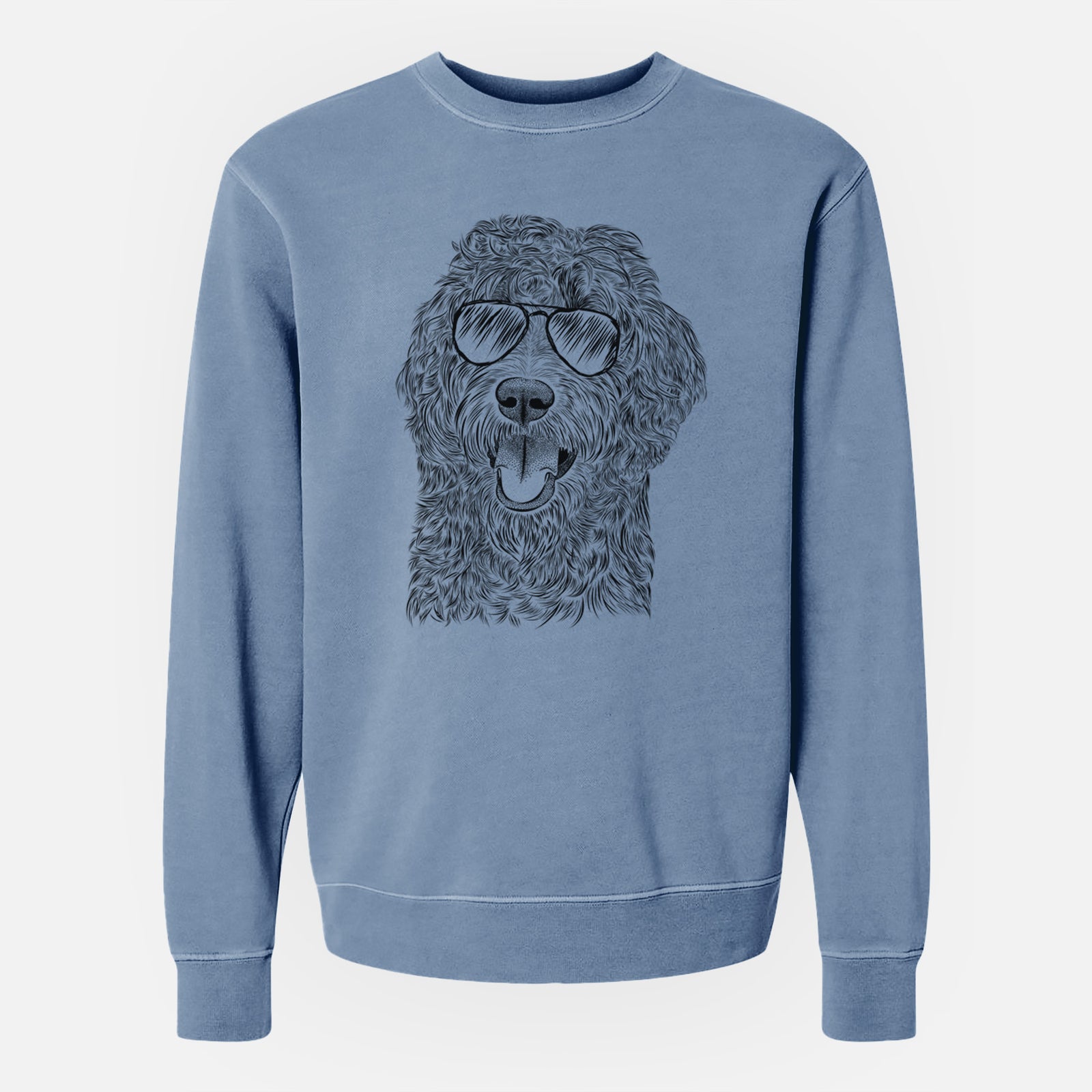 Hand-drawn sketch of Murr Dog the Labradoodle wearing aviator sunglasses on a Slate Blue Unisex pigment dyed crew sweatshirt