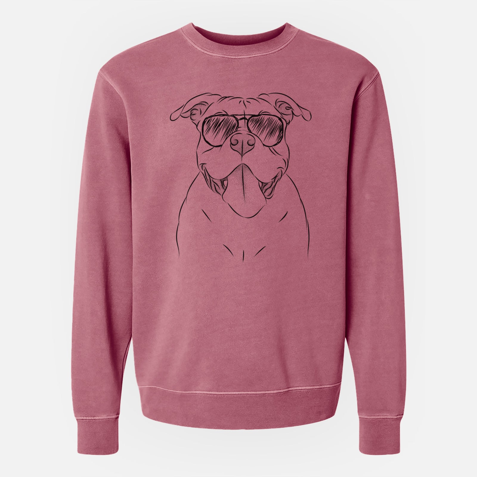 Hand-drawn sketch of Nacho the American Bully wearing aviator sunglasses on a Maroon Unisex pigment dyed crew sweatshirt
