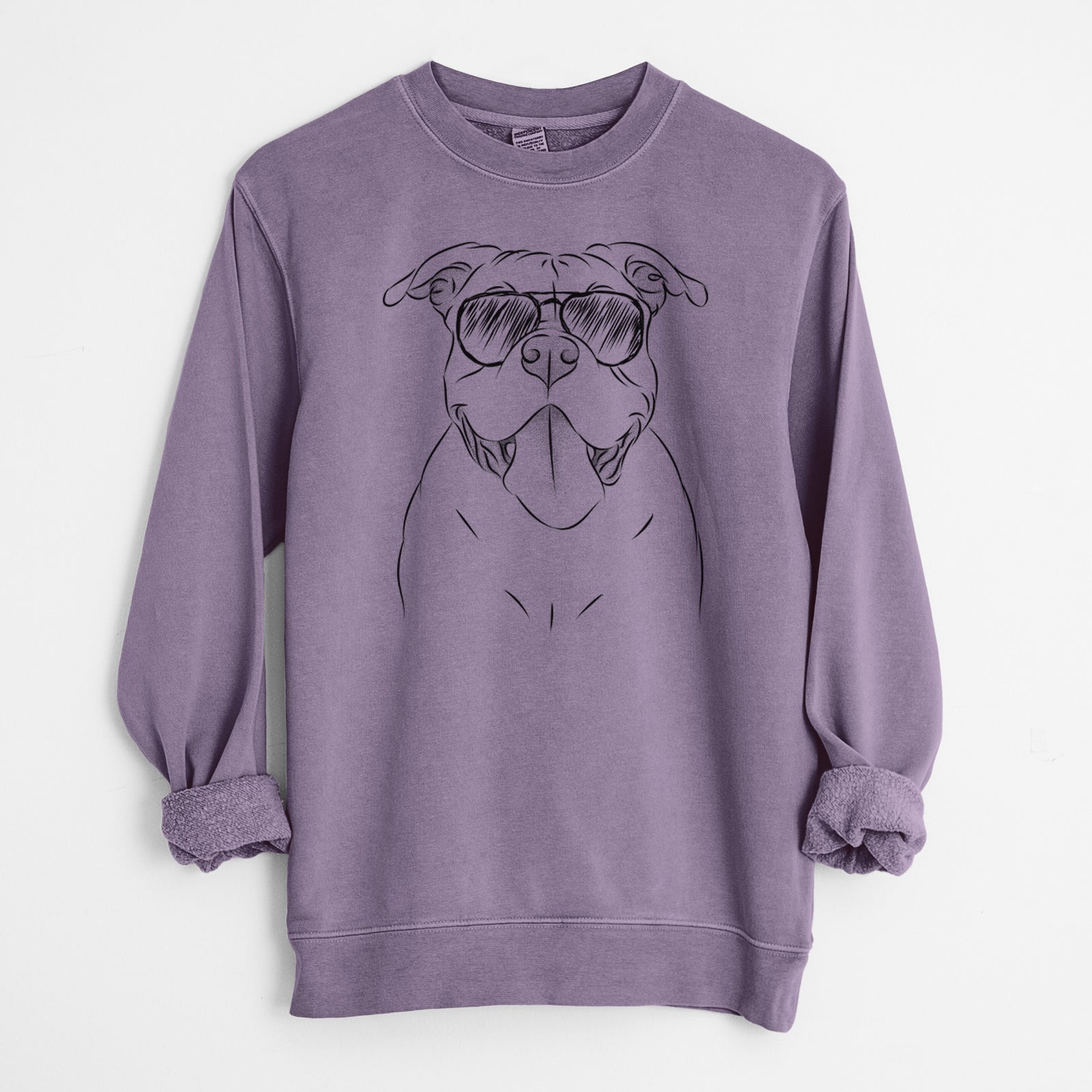 Hand-drawn sketch of Nacho the American Bully wearing aviator sunglasses on a Plum Unisex pigment dyed crew sweatshirt