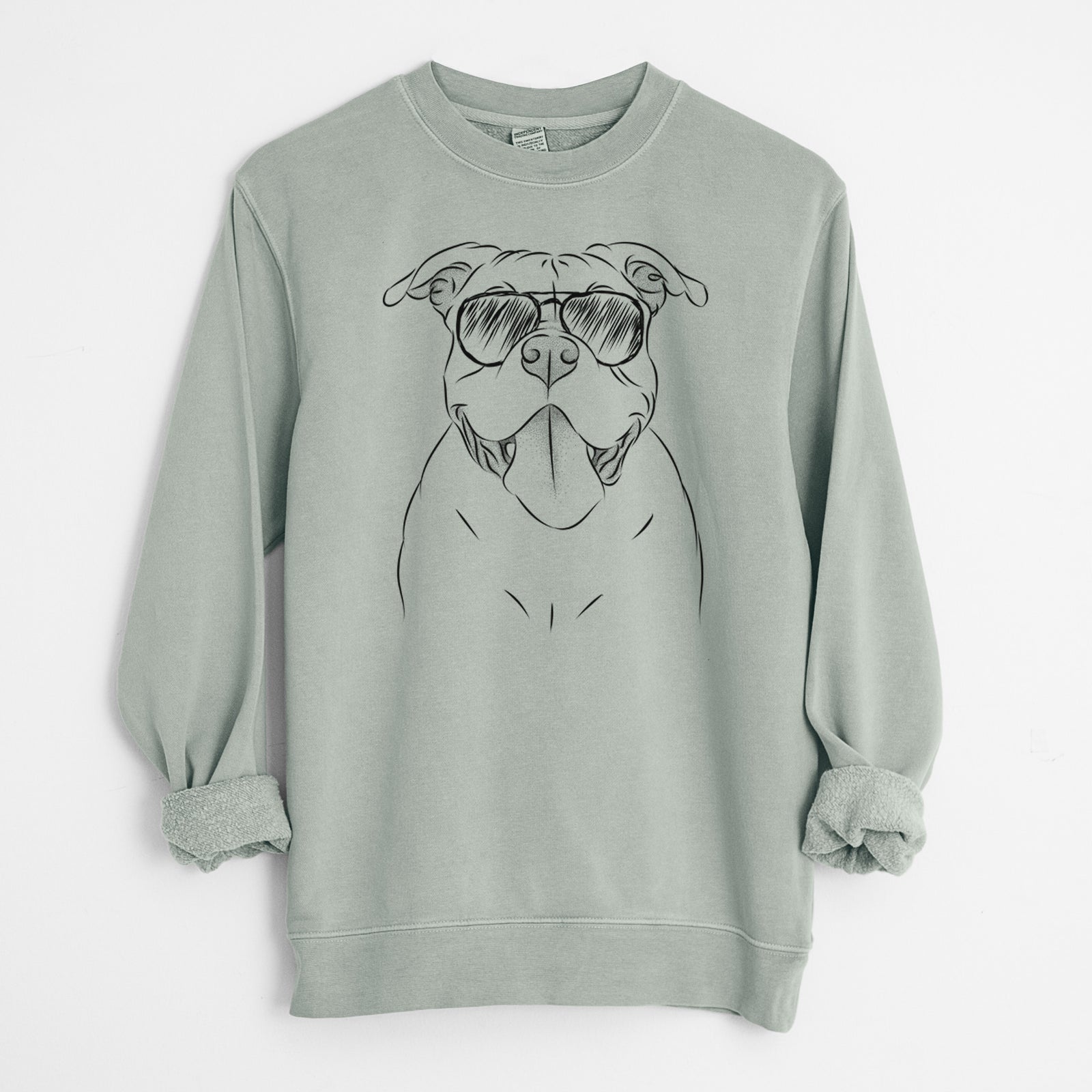 Hand-drawn sketch of Nacho the American Bully wearing aviator sunglasses on a Sage Unisex pigment dyed crew sweatshirt