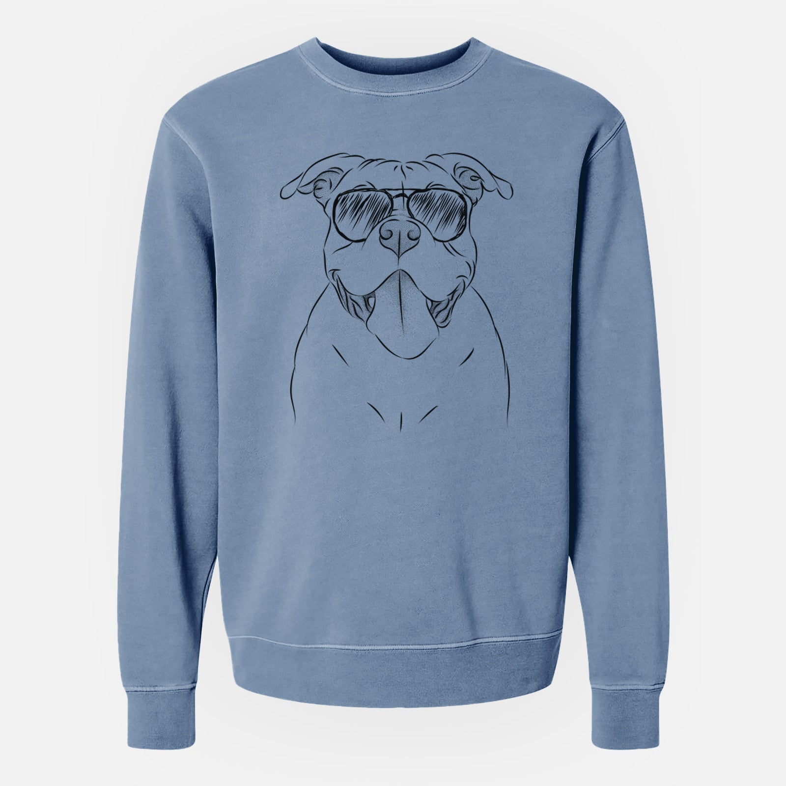 Hand-drawn sketch of Nacho the American Bully wearing aviator sunglasses on a Slate Blue Unisex pigment dyed crew sweatshirt