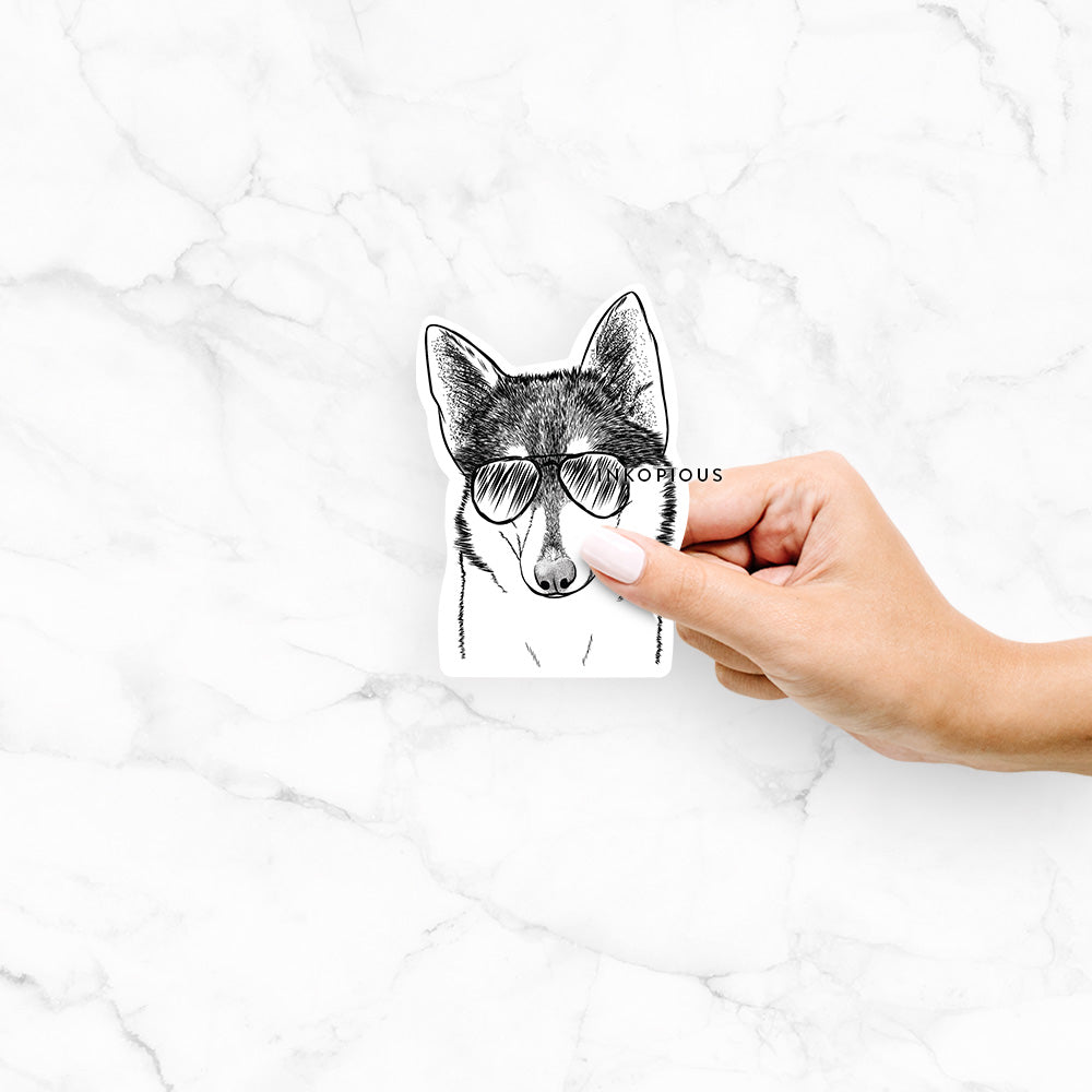 Hand-drawn sketch of Nami the Alaskan Klee Kai wearing aviator sunglasses on a decal sticker