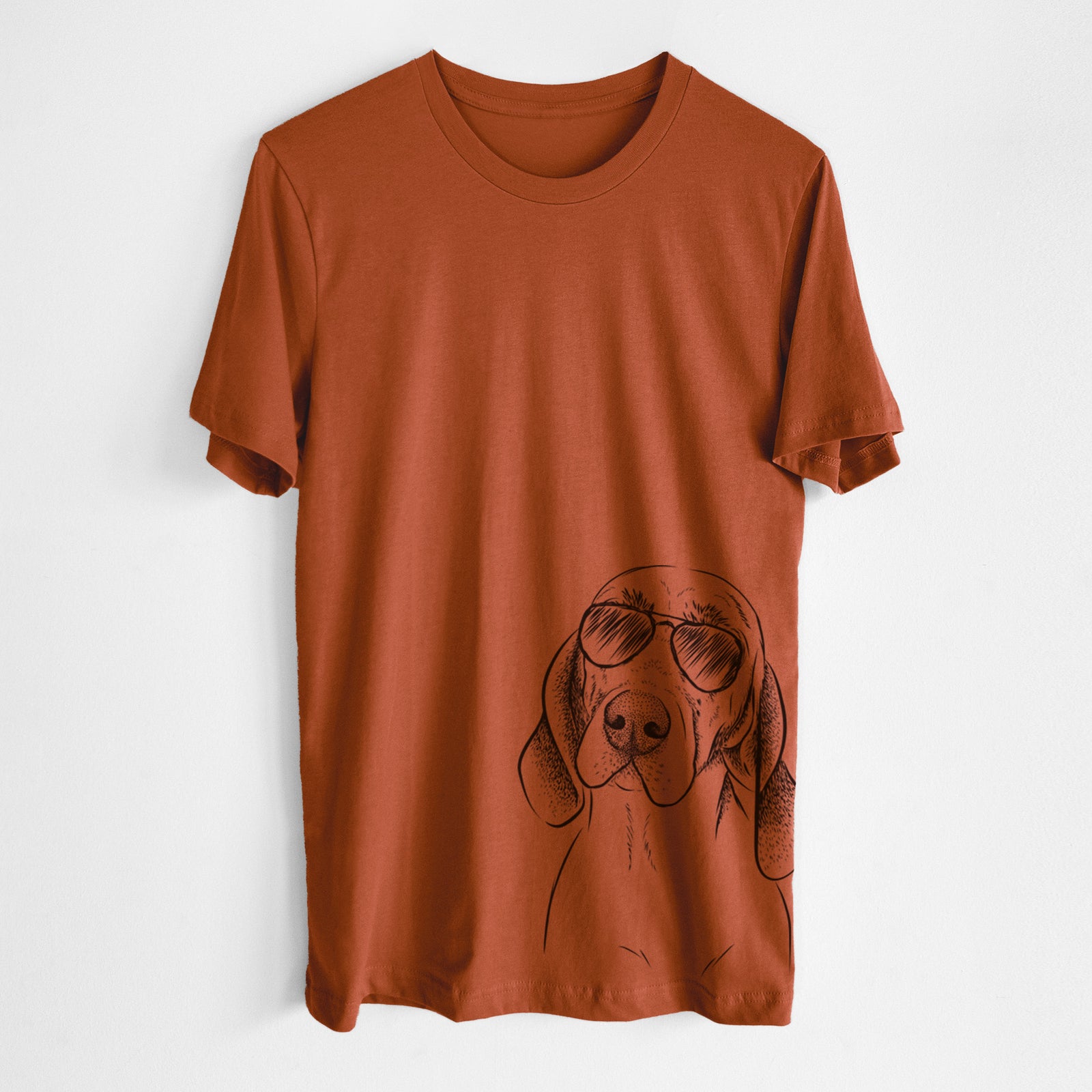 Hand-drawn sketch of Norman the Plott Hound wearing aviator sunglasses on an Autumn Unisex crewneck, worn by a man