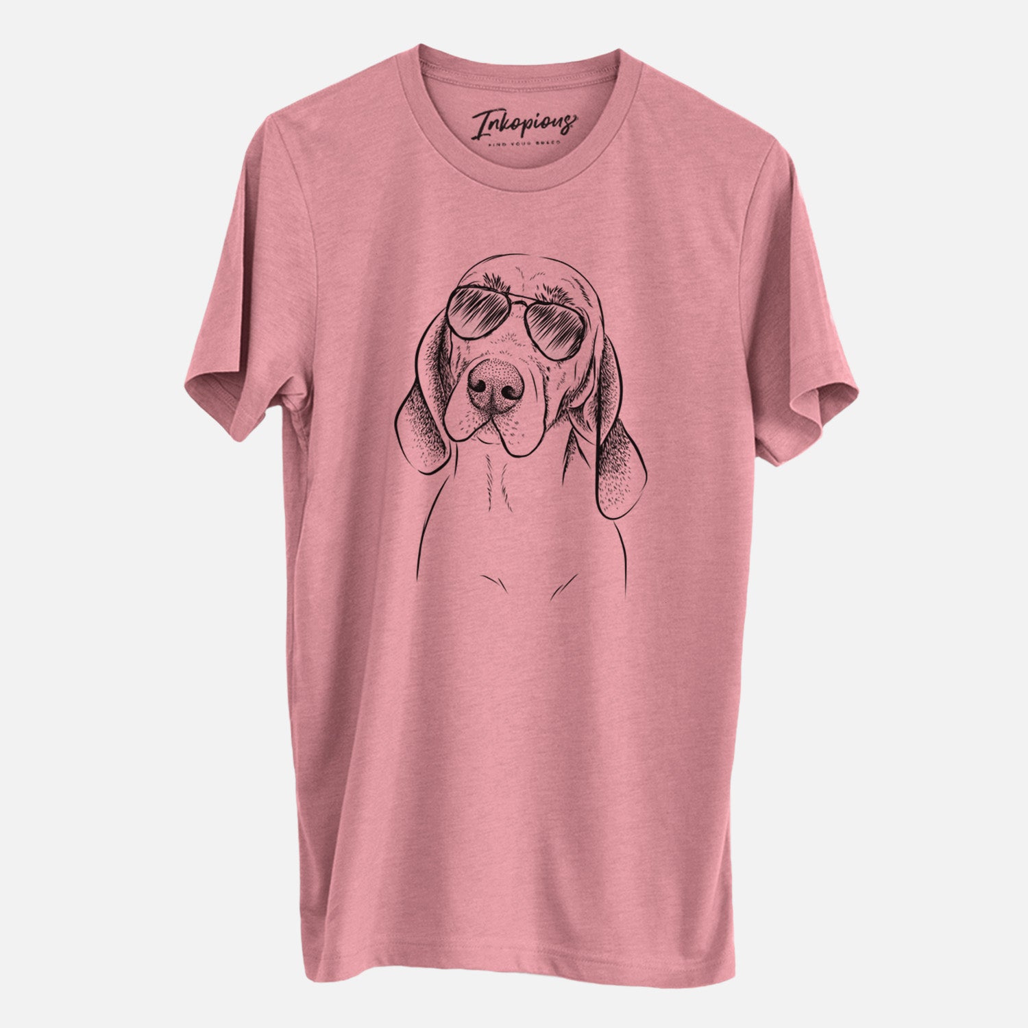 Hand-drawn sketch of Norman the Plott Hound wearing aviator sunglasses on a Mauve Unisex crewneck, worn by a man