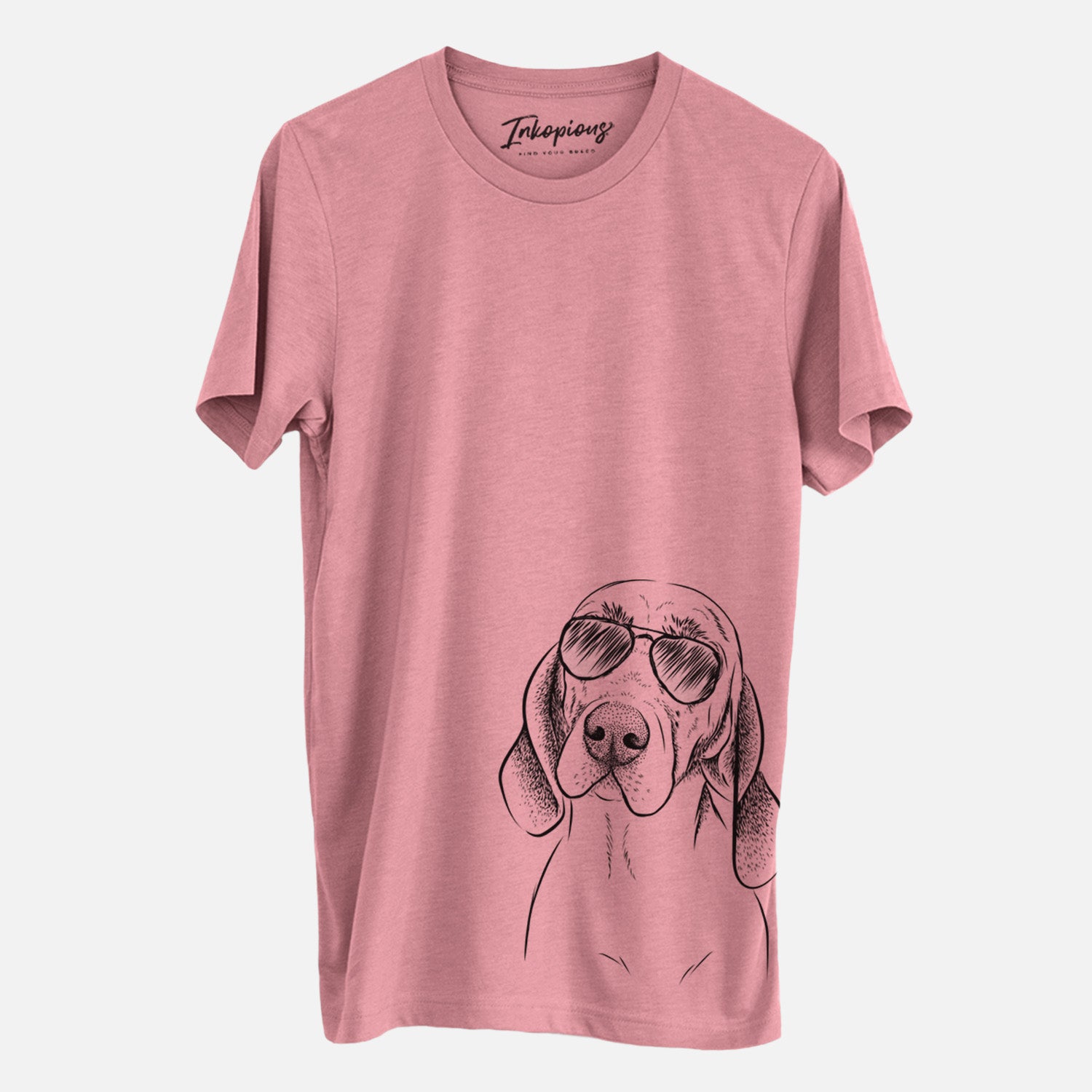 Hand-drawn sketch of Norman the Plott Hound wearing aviator sunglasses on a Mauve Unisex crewneck, worn by a man