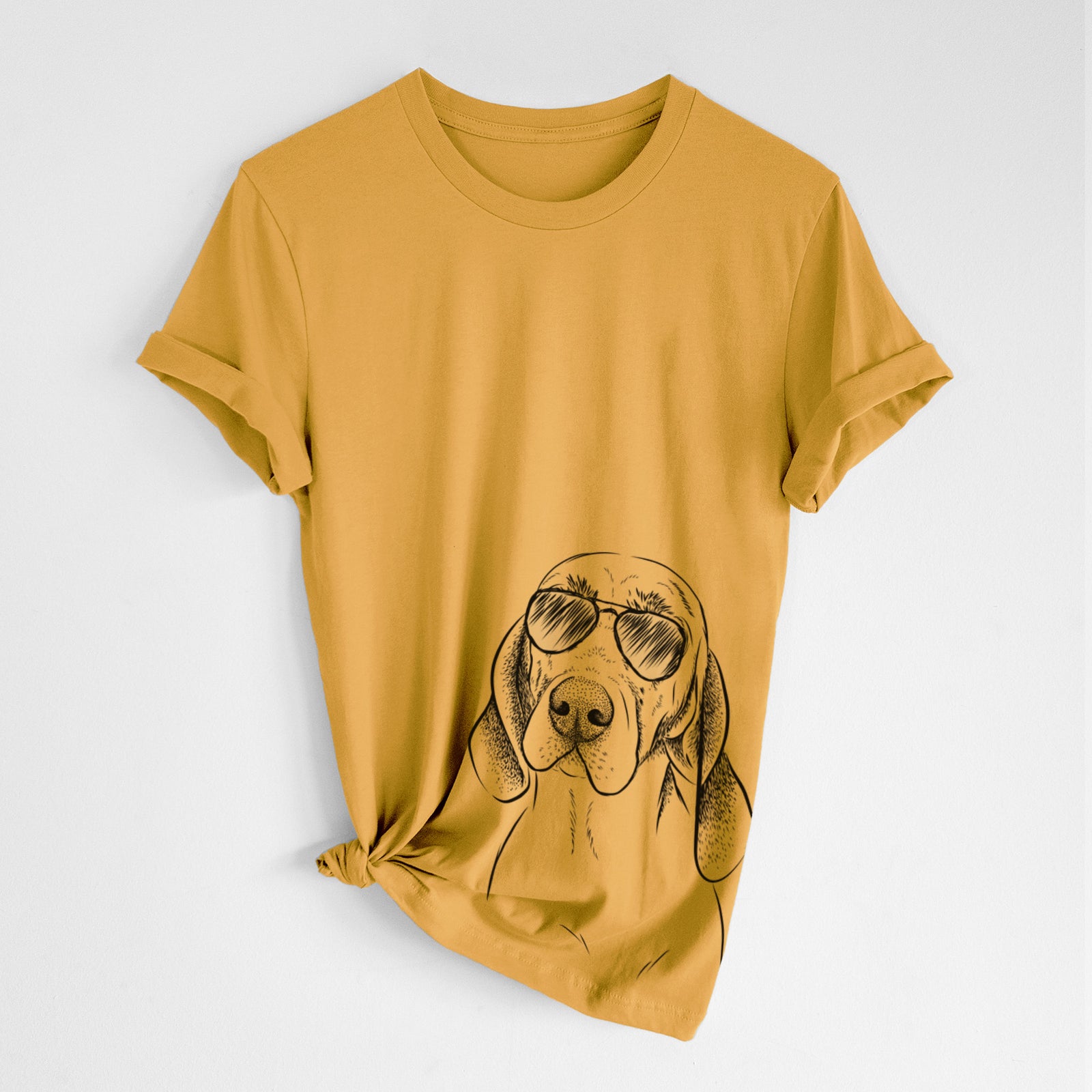 Hand-drawn sketch of Norman the Plott Hound wearing aviator sunglasses on a Mustard Unisex crewneck, worn by a woman