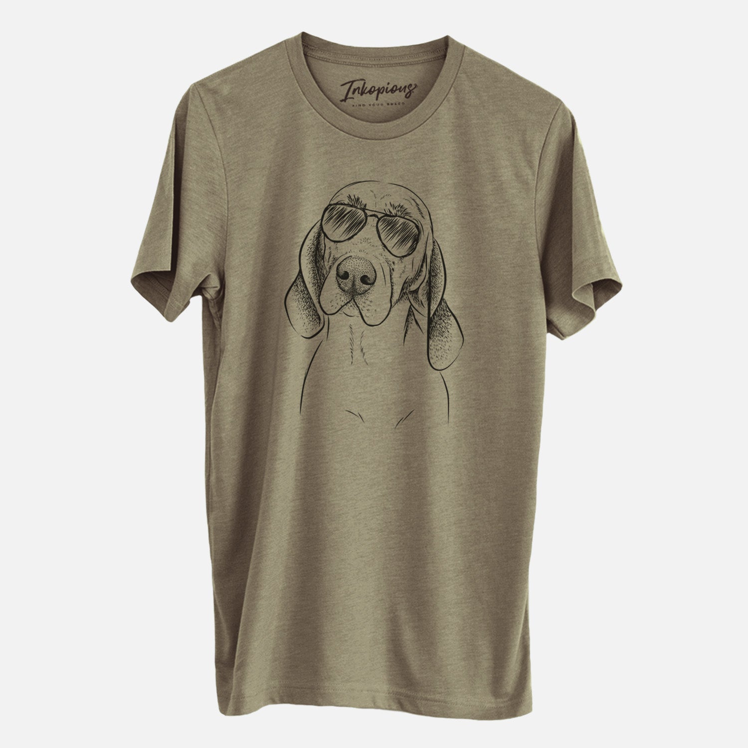 Hand-drawn sketch of Norman the Plott Hound wearing aviator sunglasses on an Olive Unisex crewneck, worn by a man