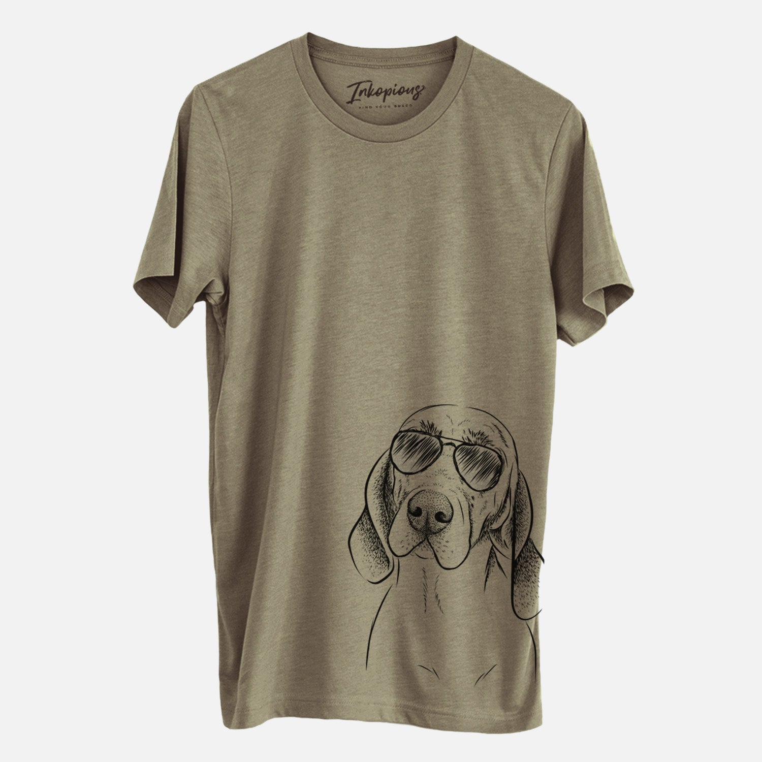 Hand-drawn sketch of Norman the Plott Hound wearing aviator sunglasses on an Olive Unisex crewneck, worn by a man