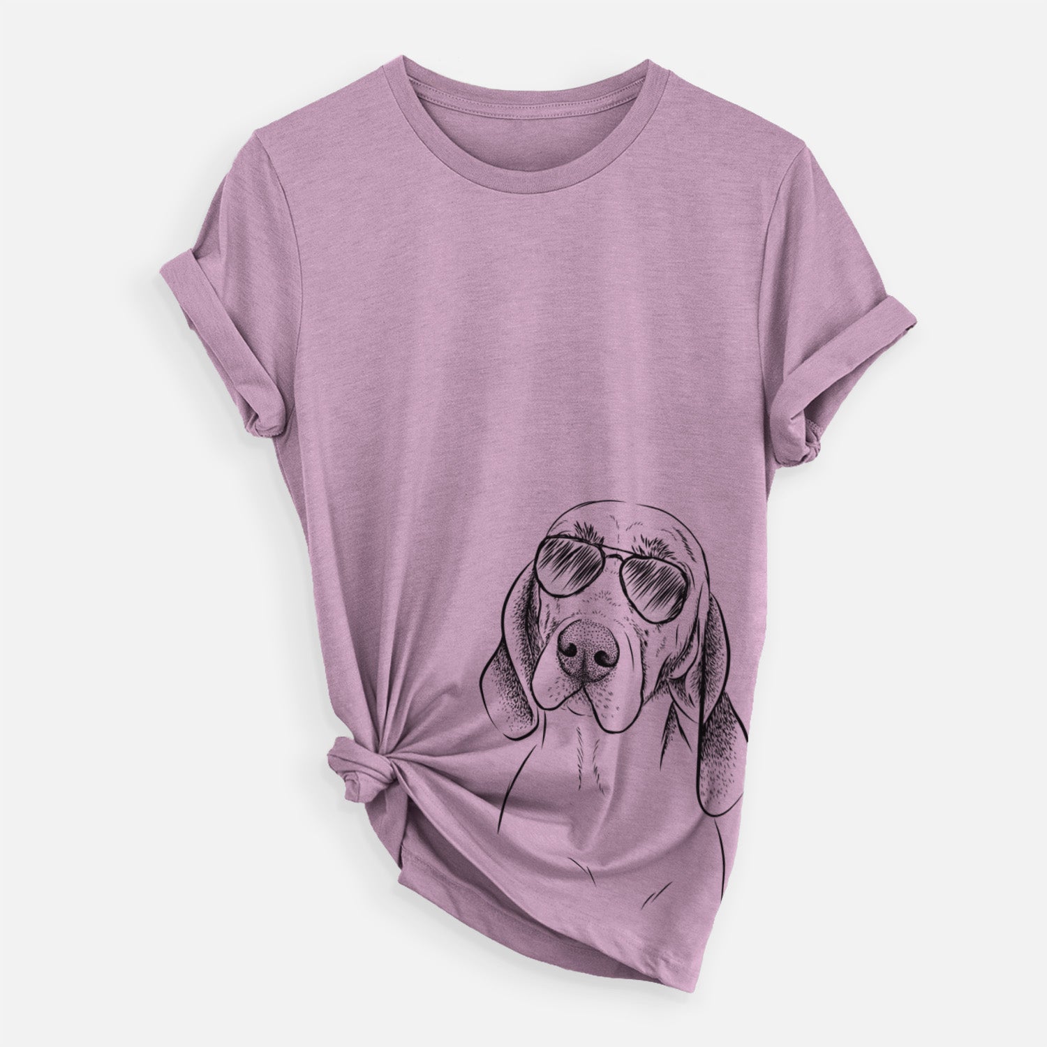 Hand-drawn sketch of Norman the Plott Hound wearing aviator sunglasses on an Orchid Unisex crewneck, worn by a woman