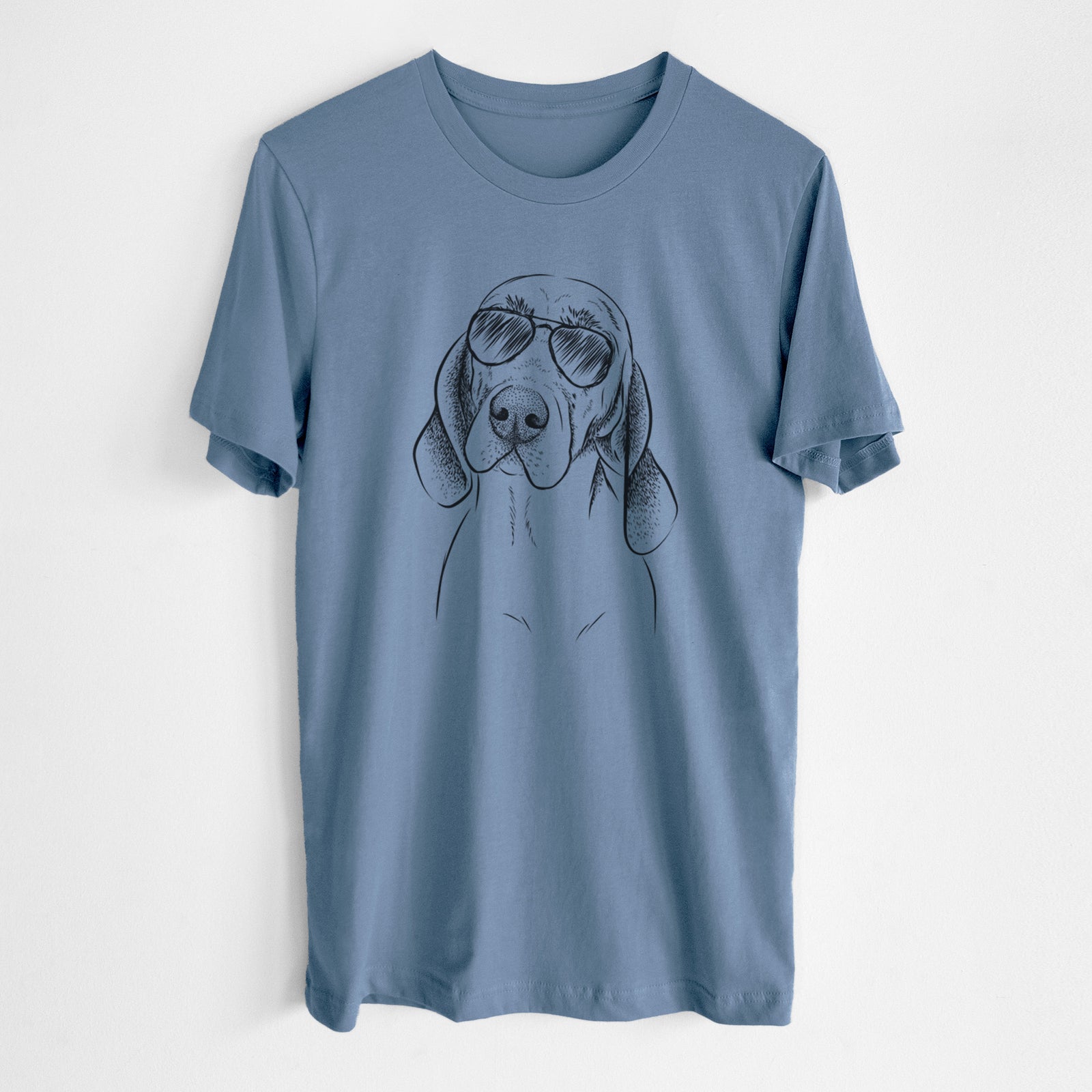 Hand-drawn sketch of Norman the Plott Hound wearing aviator sunglasses on a Steel Blue Unisex crewneck, worn by a man