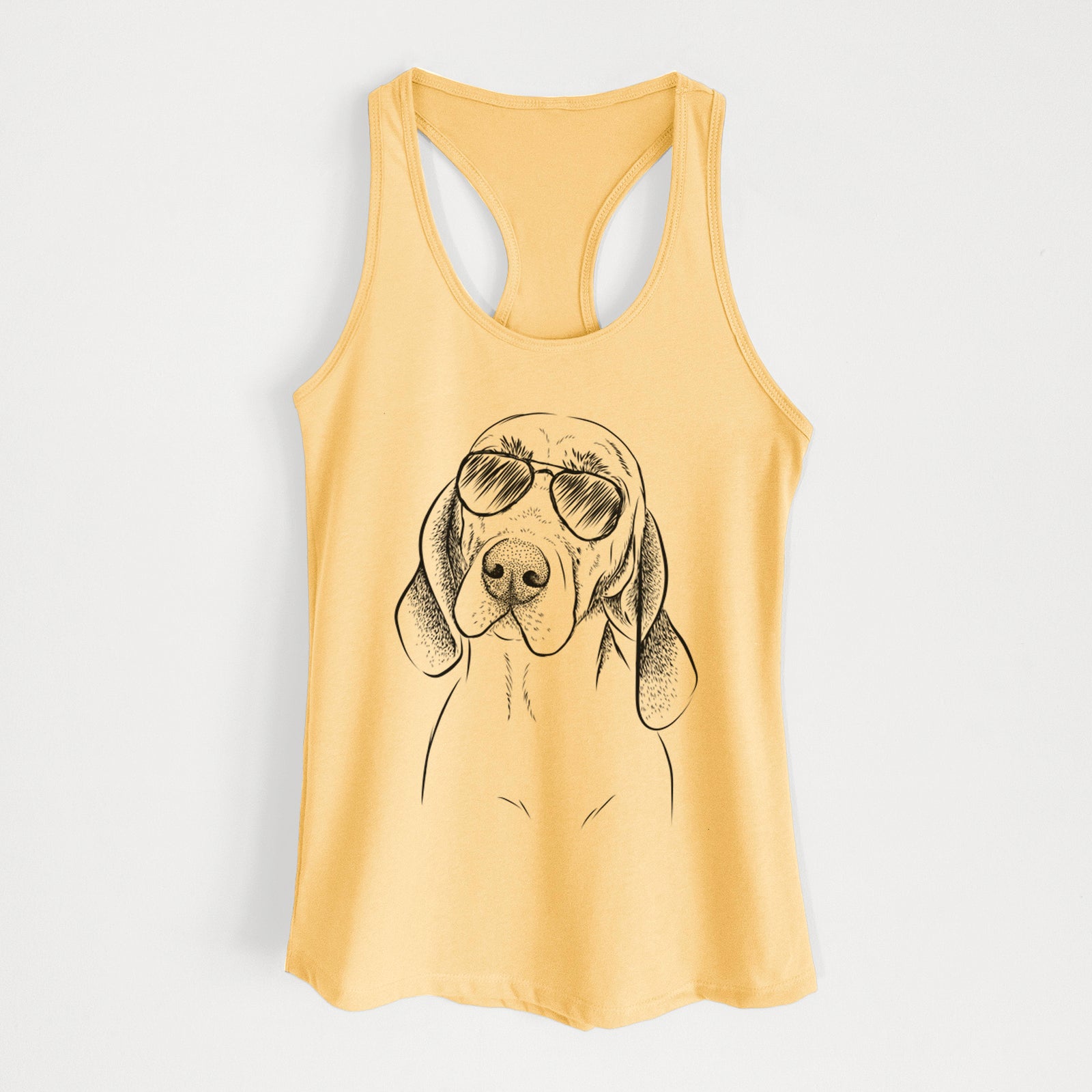 Hand-drawn sketch of Norman the Plott Hound wearing aviator sunglasses on a Banana Cream Women's racerback tanktop