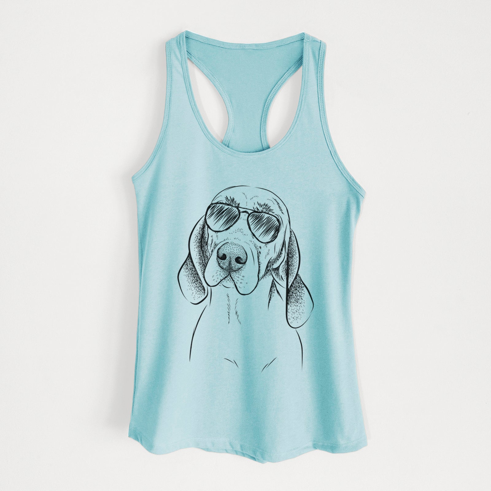 Hand-drawn sketch of Norman the Plott Hound wearing aviator sunglasses on a Cancun Blue Women's racerback tanktop