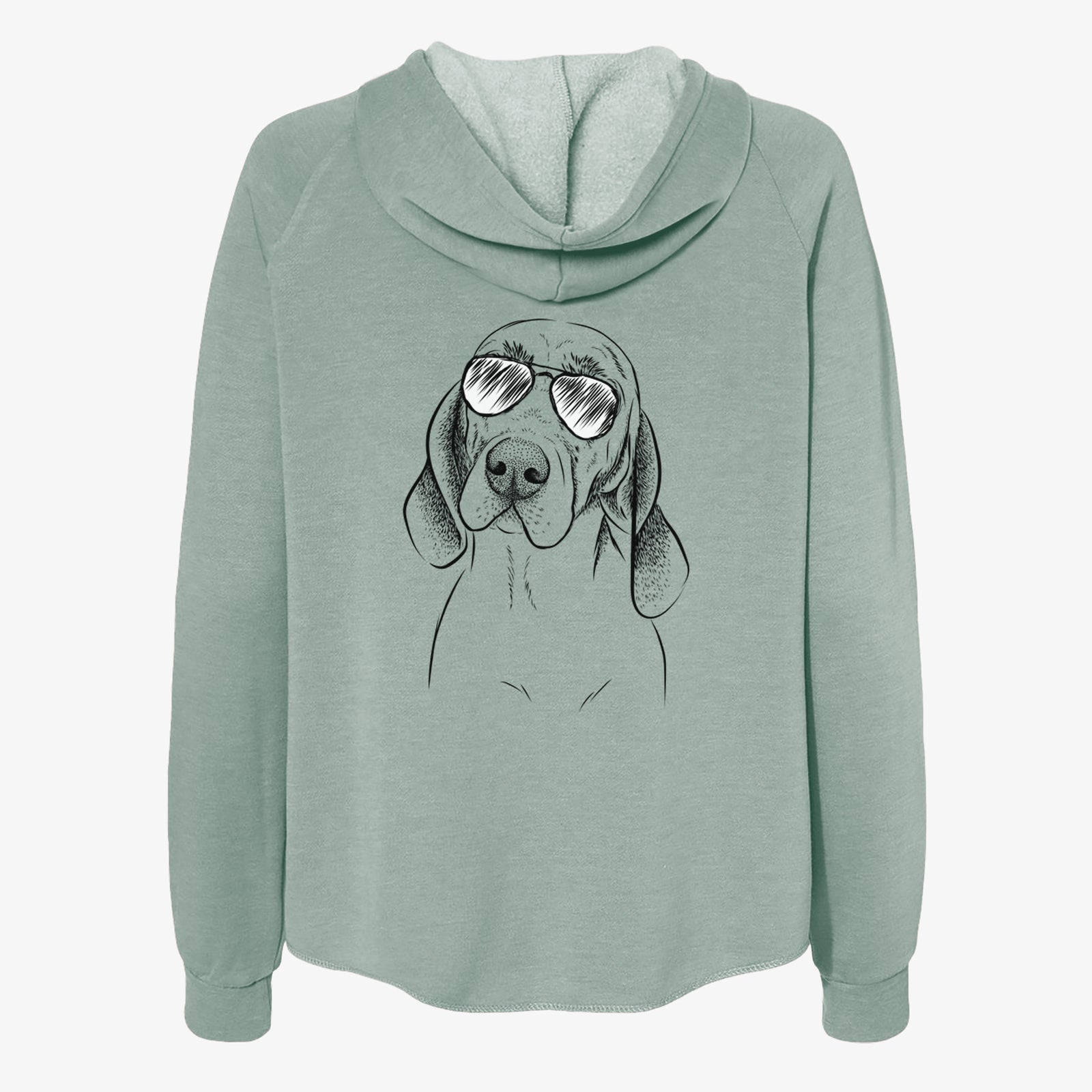 Hand-drawn sketch of Norman the Plott Hound wearing aviator sunglasses on a Sage Women's cali wave zip-up sweatshirt