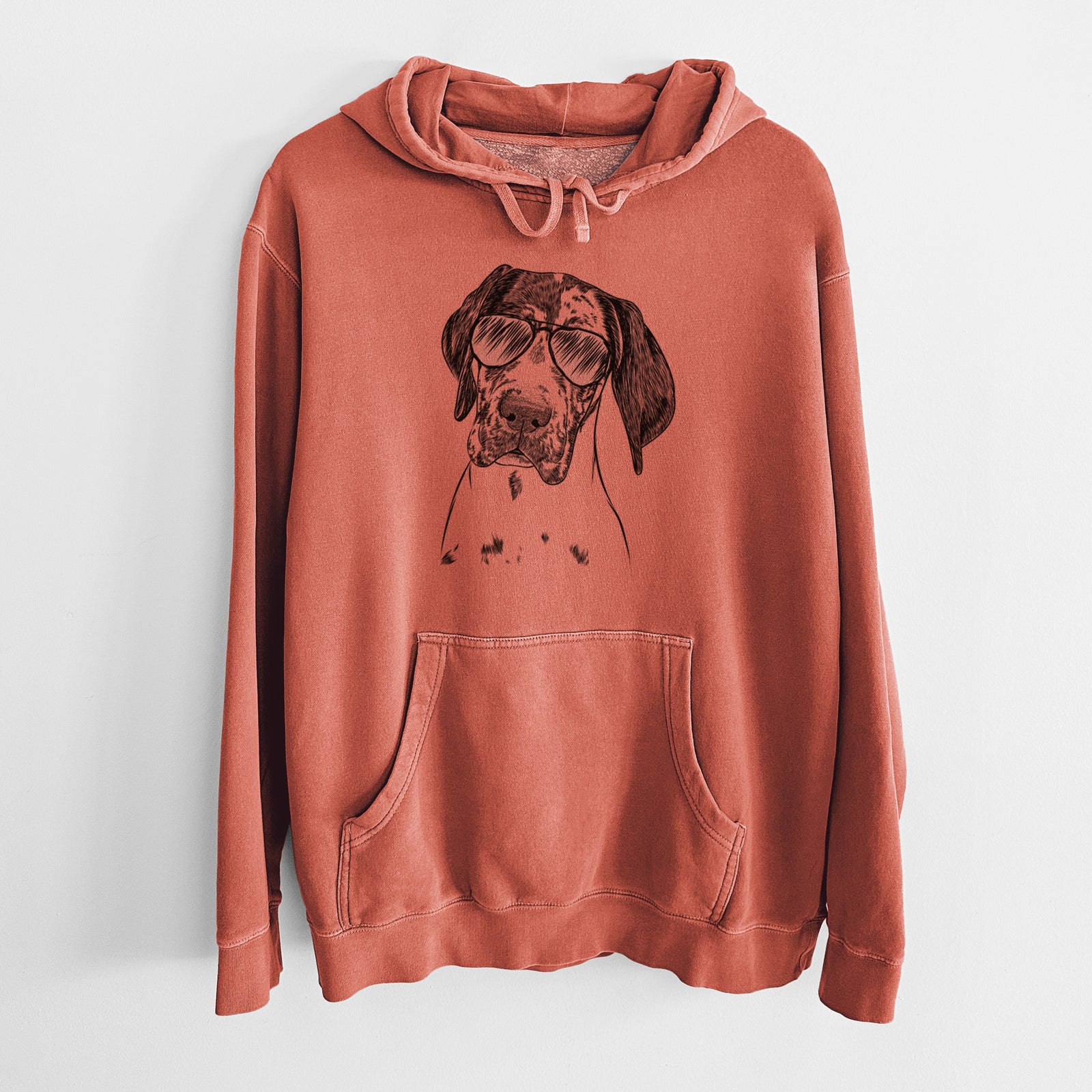 Hand-drawn sketch of Nyx the Great Dane wearing aviator sunglasses on an Amber Unisex pigment dyed hoodie