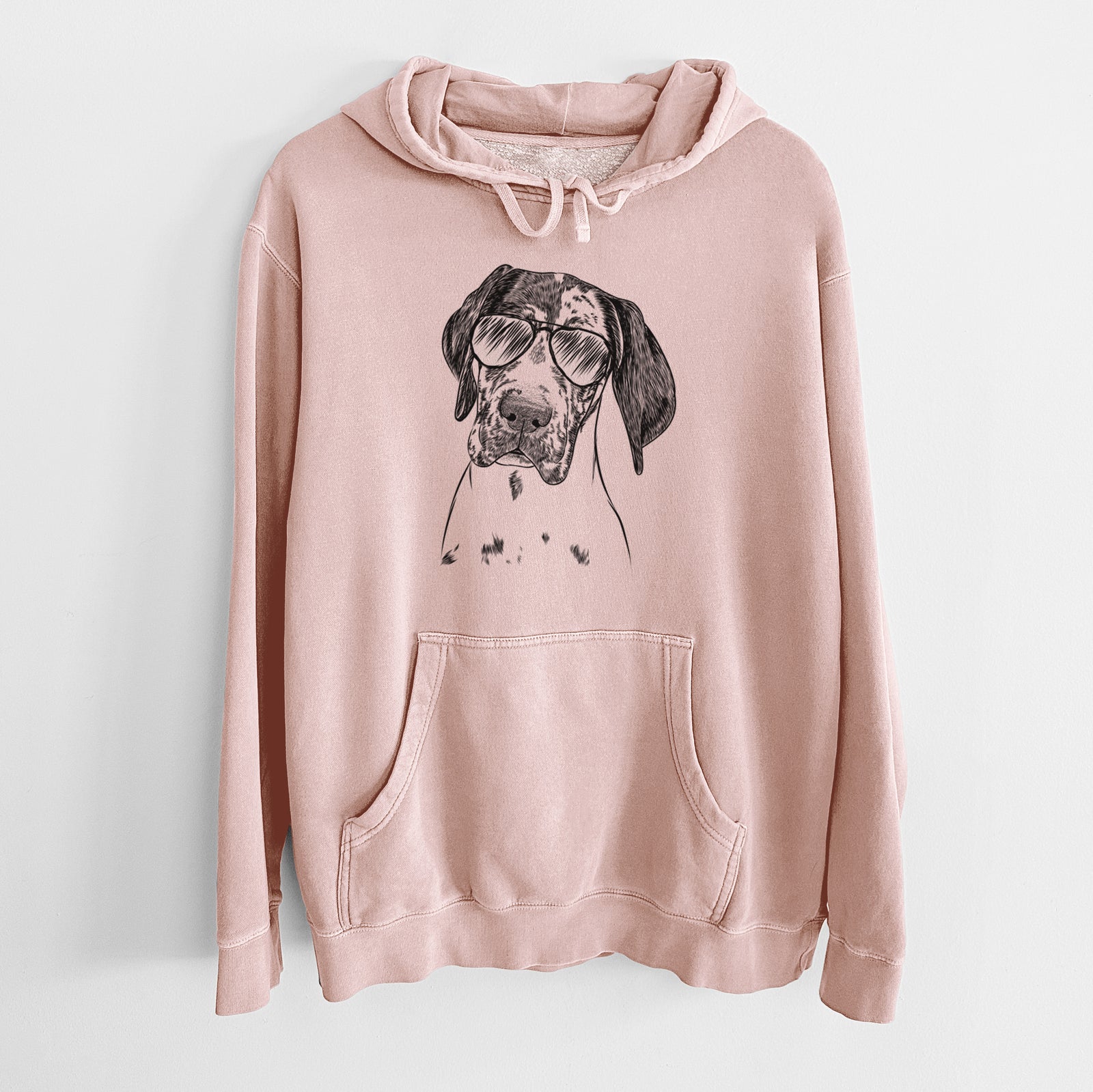 Hand-drawn sketch of Nyx the Great Dane wearing aviator sunglasses on a Dusty Pink Unisex pigment dyed hoodie