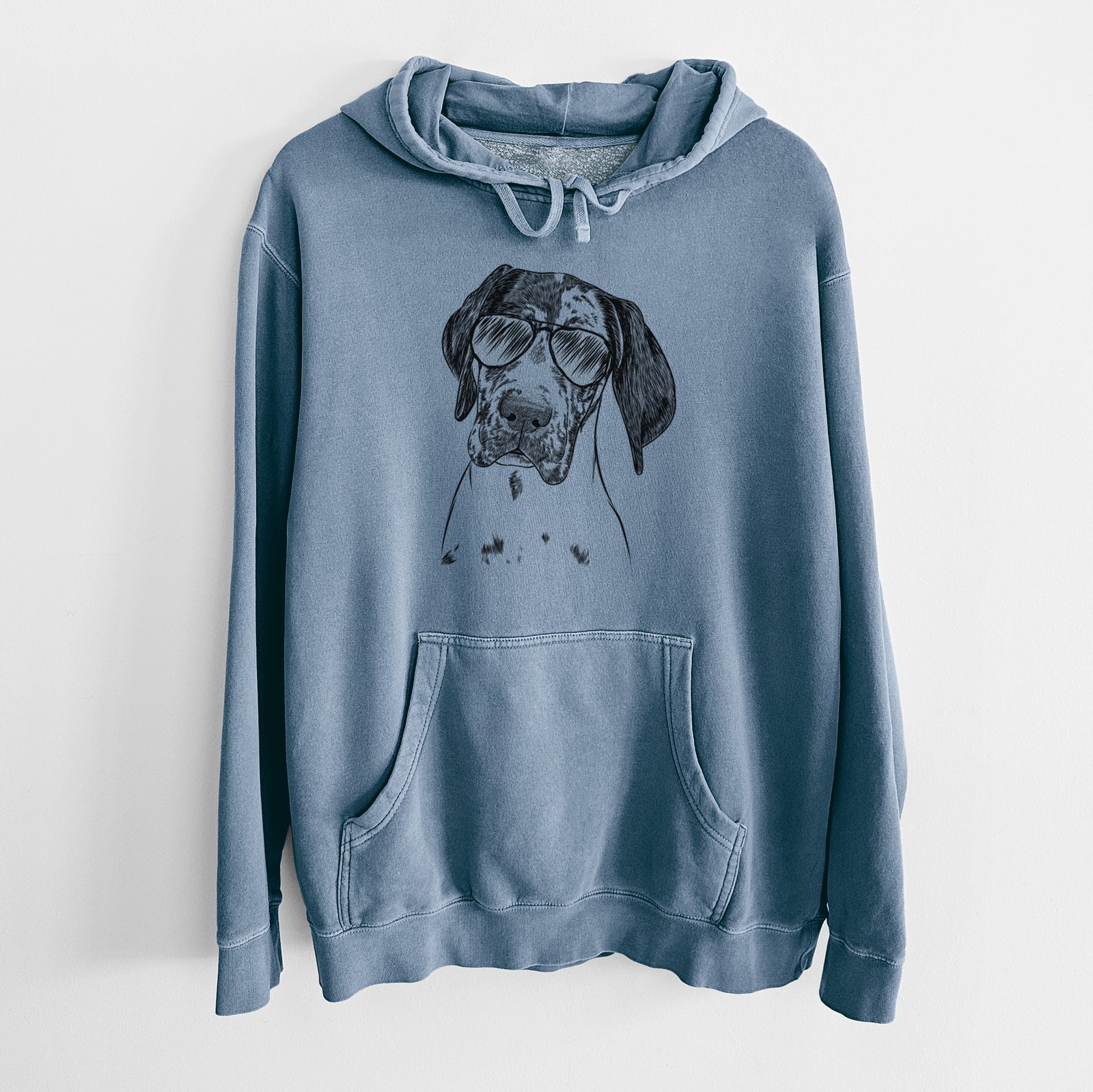 Hand-drawn sketch of Nyx the Great Dane wearing aviator sunglasses on a Slate Blue Unisex pigment dyed hoodie