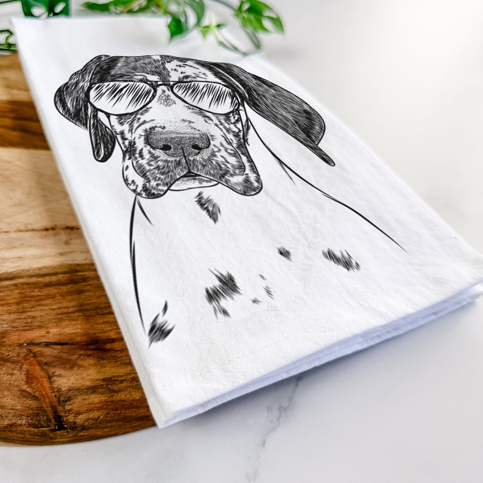 Hand-drawn sketch of Nyx the Great Dane wearing aviator sunglasses on a tea towel