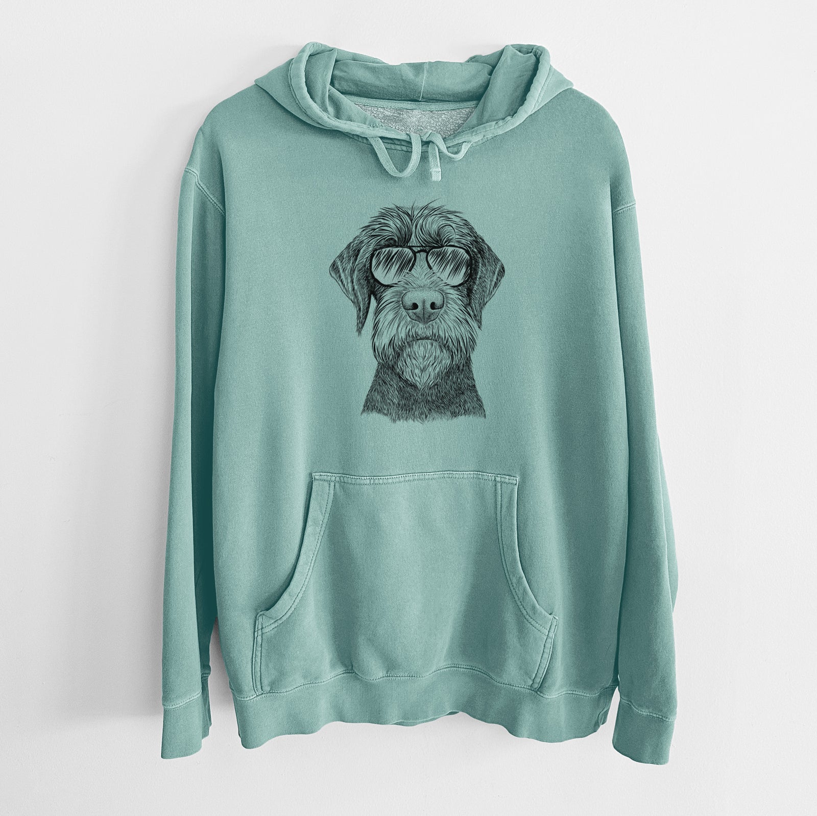 Hand-drawn sketch of Oakley the Pudelpointer wearing aviator sunglasses on a Mint Unisex pigment dyed hoodie