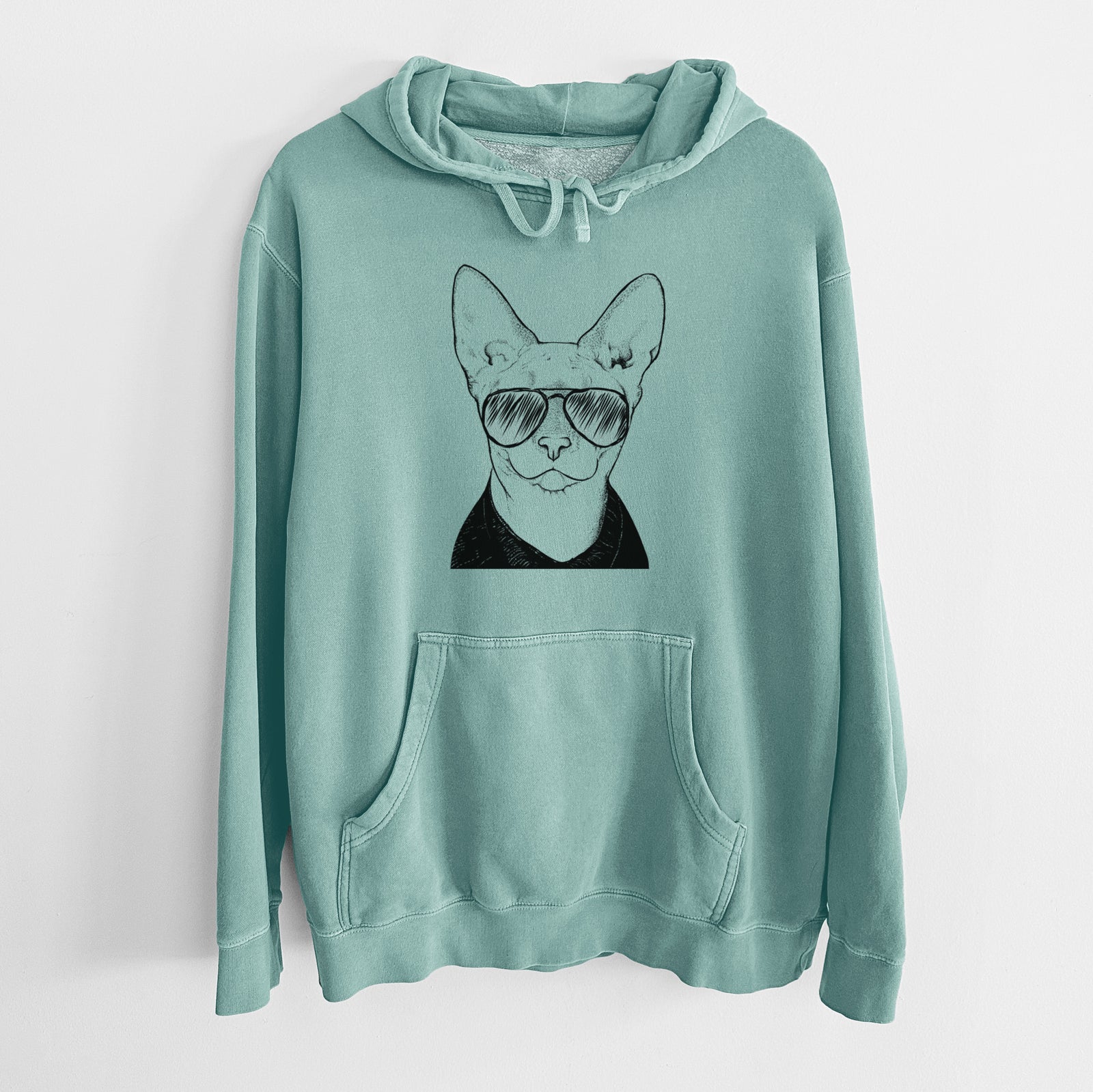 Hand-drawn sketch of Oliver Watson the Sphynx Cat wearing aviator sunglasses on a Mint Unisex pigment dyed hoodie