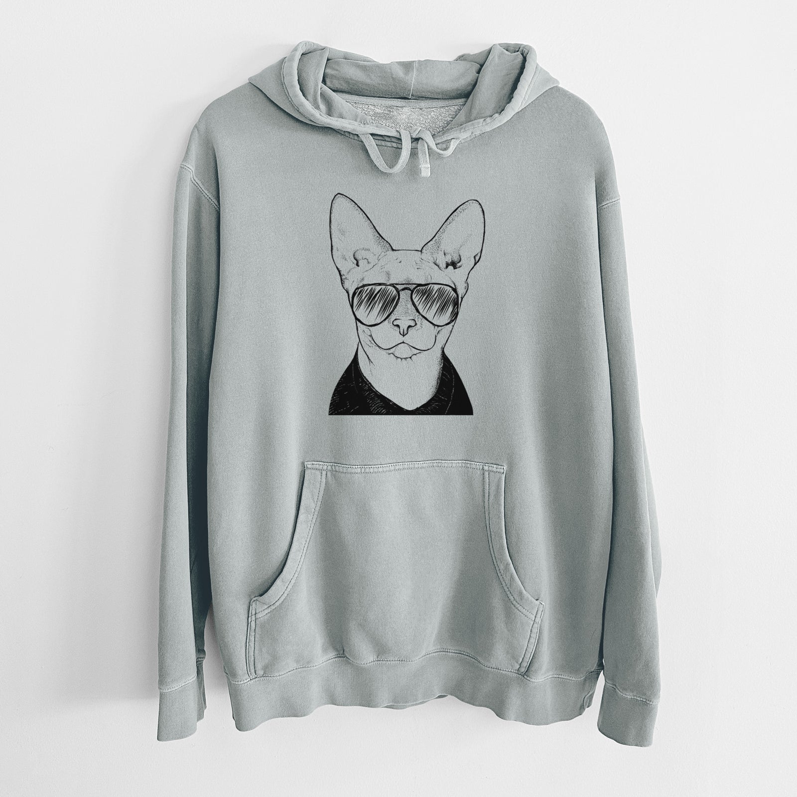Hand-drawn sketch of Oliver Watson the Sphynx Cat wearing aviator sunglasses on a Sage Unisex pigment dyed hoodie