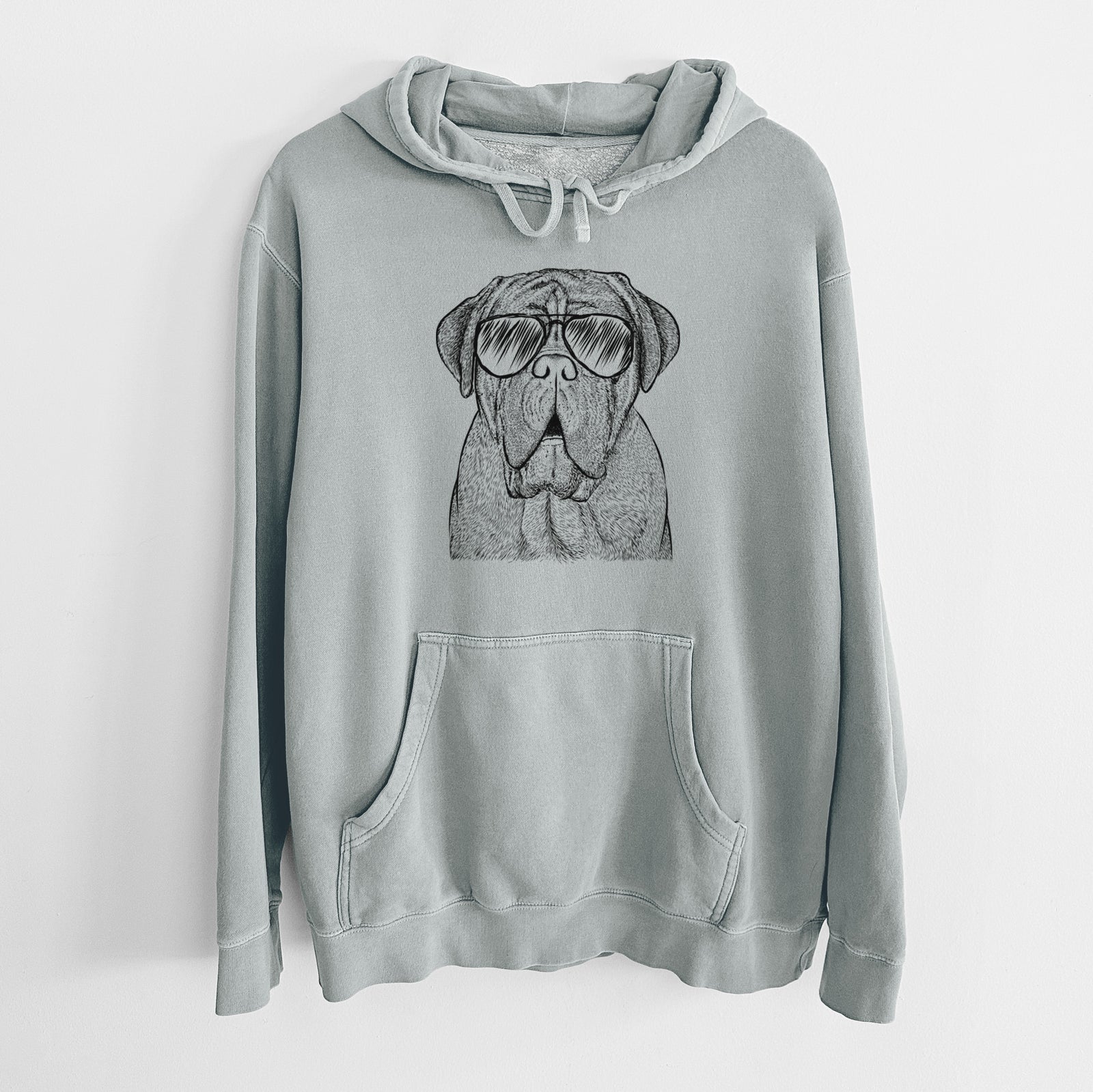 Hand-drawn sketch of Optimus the Dogue de Bordeaux wearing aviator sunglasses on a Sage Unisex pigment dyed hoodie