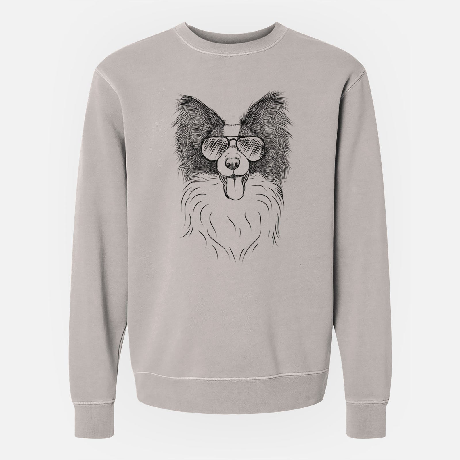 Hand-drawn sketch of Patrick the Papillon wearing aviator sunglasses on a Cement Unisex pigment dyed crew sweatshirt